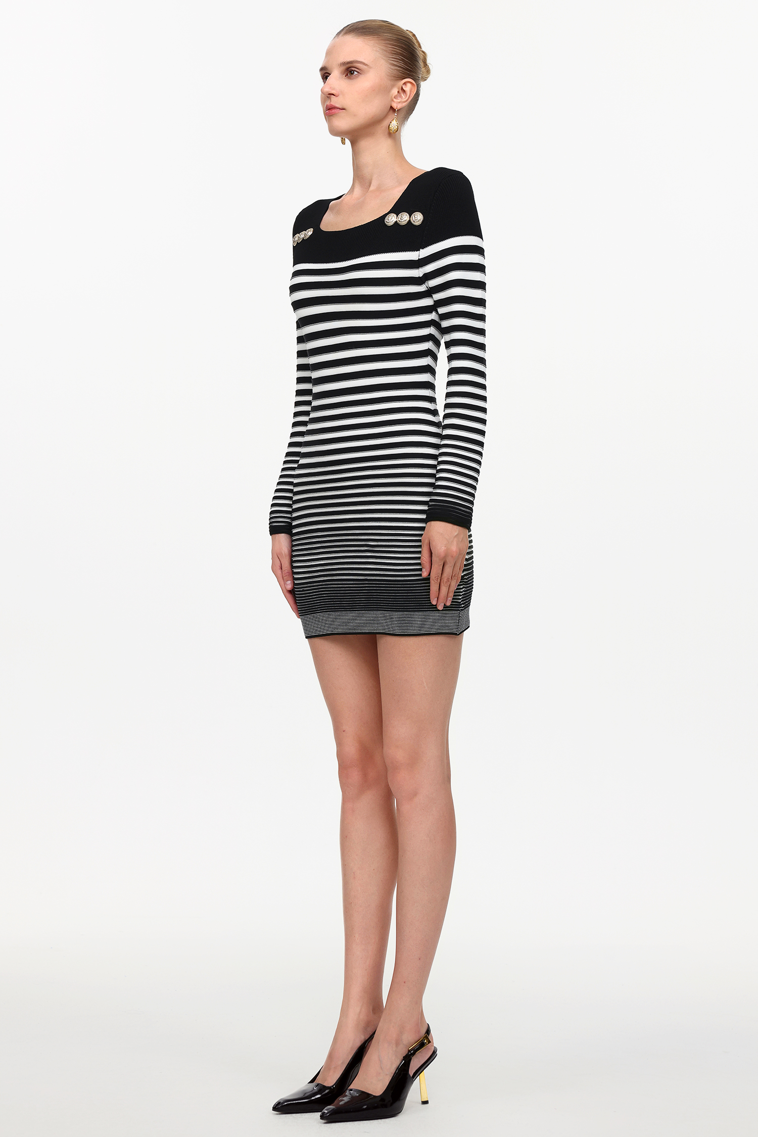 Irene Elegant Contour Long Sleeve Metal Button Stripe Knit Mini Dress