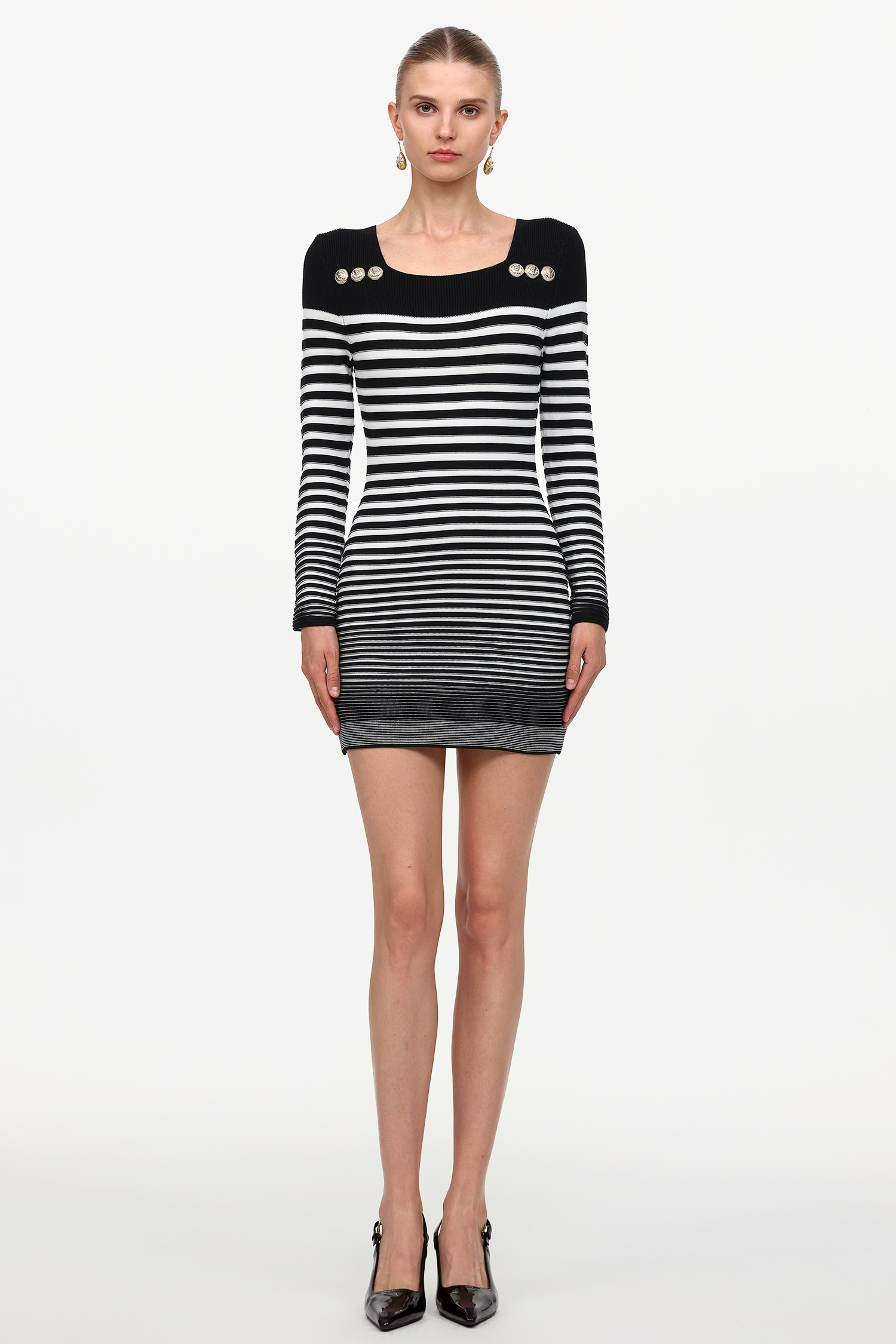 Irene Elegant Contour Long Sleeve Metal Button Stripe Knit Mini Dress