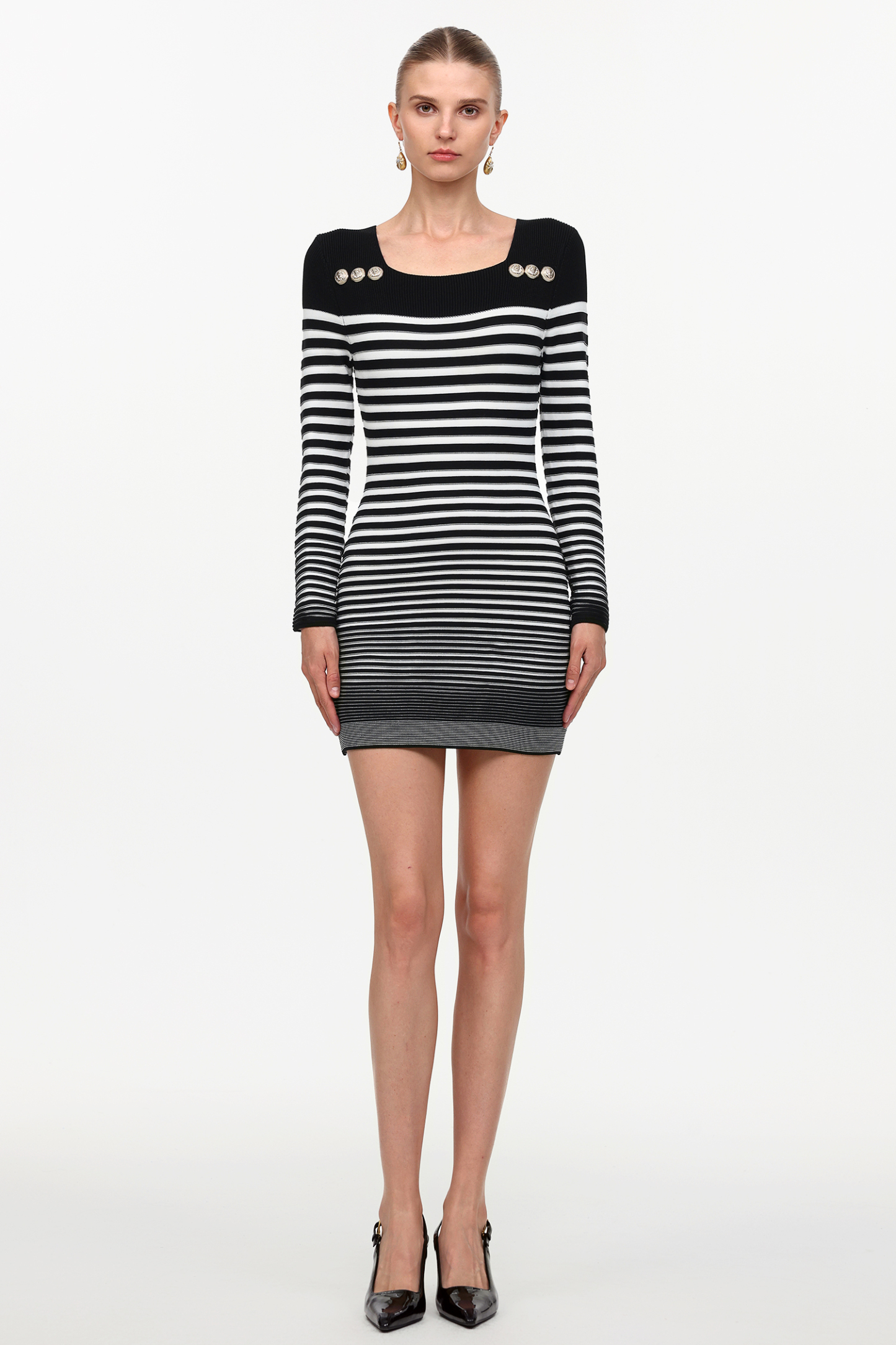 Irene Elegant Contour Long Sleeve Metal Button Stripe Knit Mini Dress