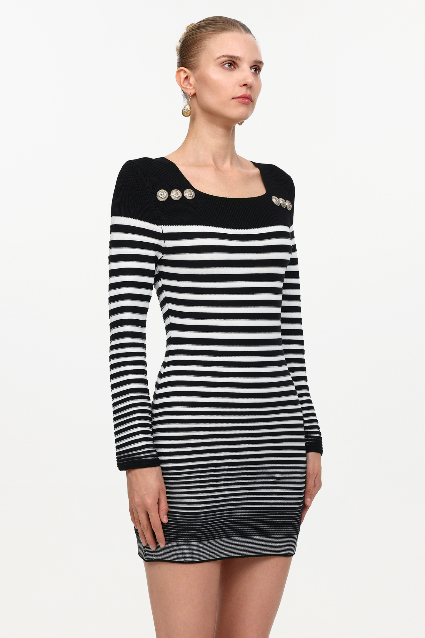 Irene Elegant Contour Long Sleeve Metal Button Stripe Knit Mini Dress