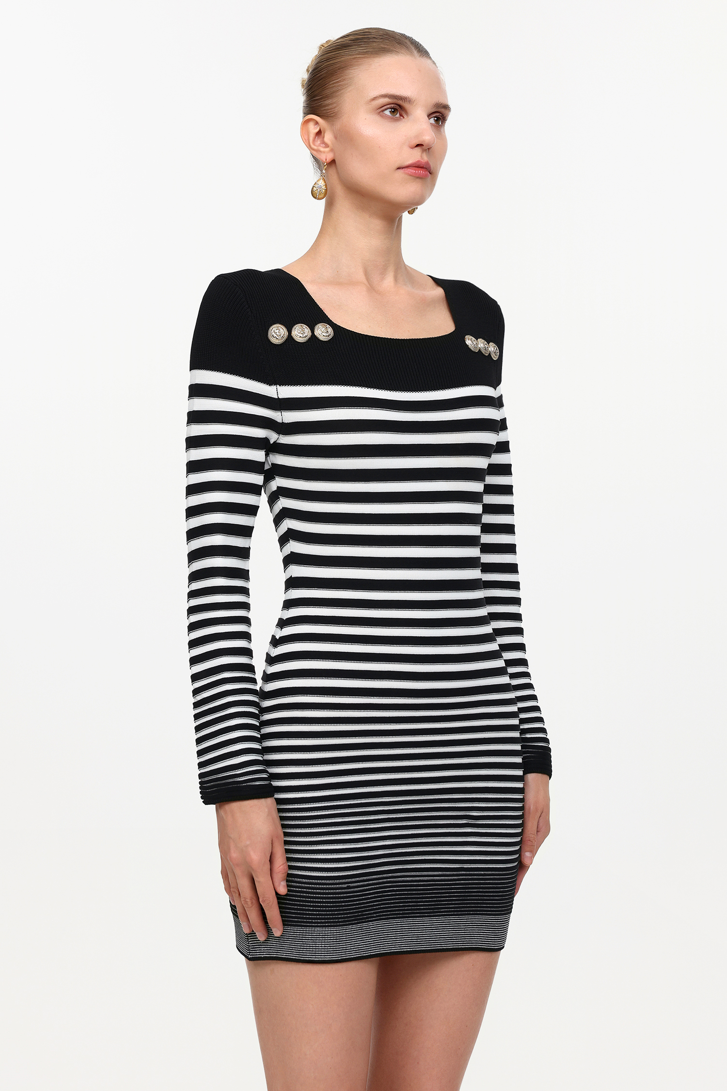 Irene Elegant Contour Long Sleeve Metal Button Stripe Knit Mini Dress