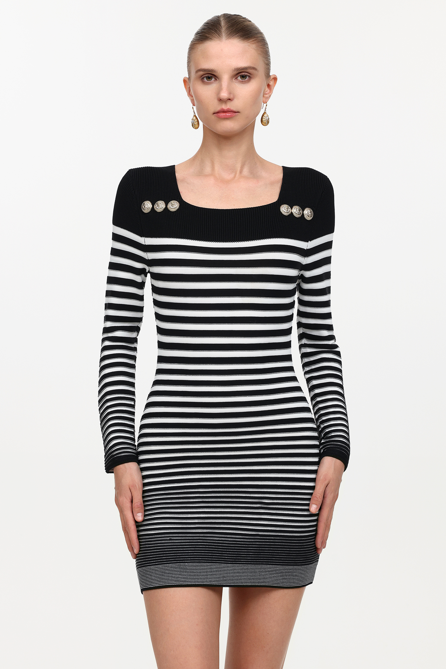 Irene Elegant Contour Long Sleeve Metal Button Stripe Knit Mini Dress