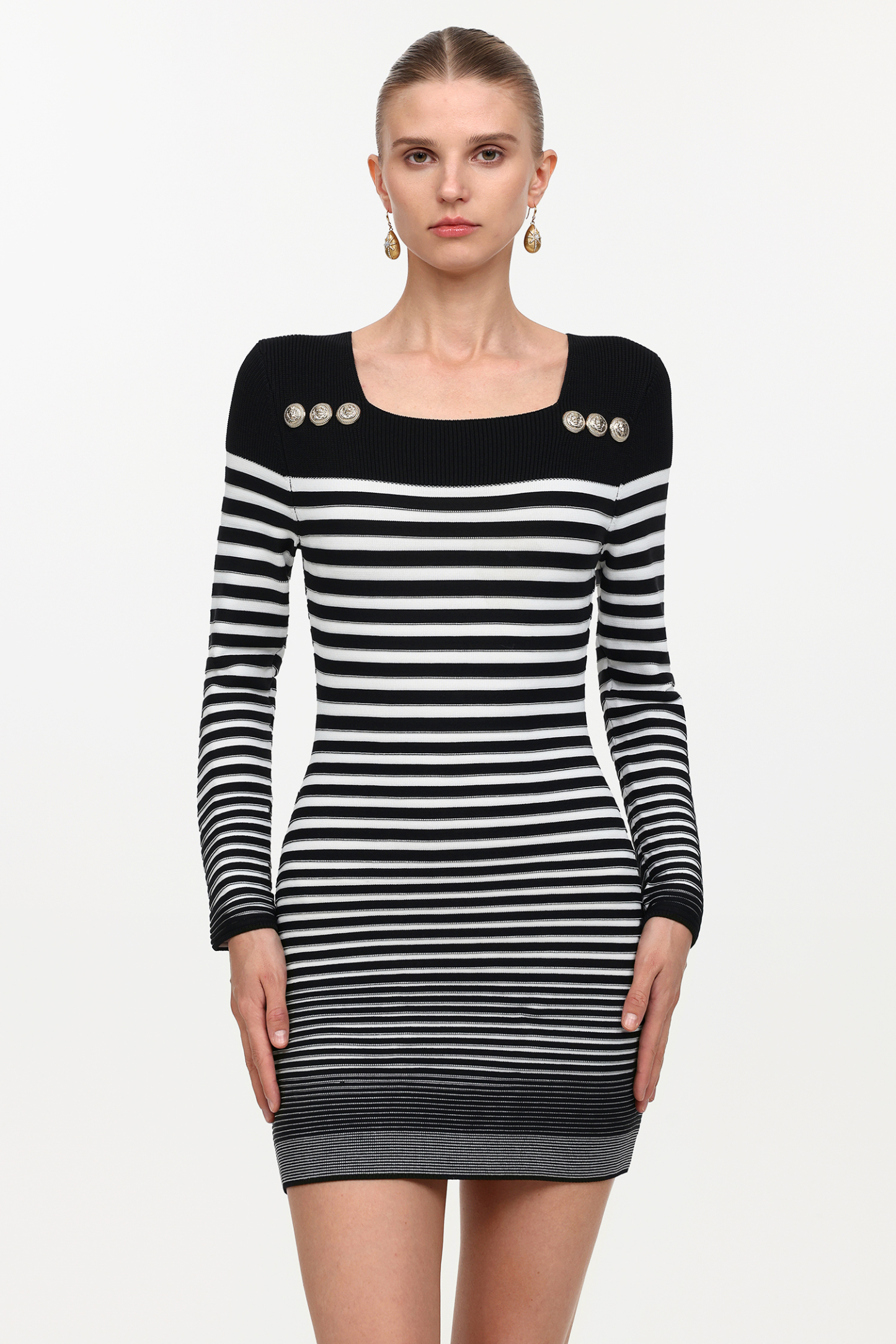 Irene Elegant Contour Long Sleeve Metal Button Stripe Knit Mini Dress