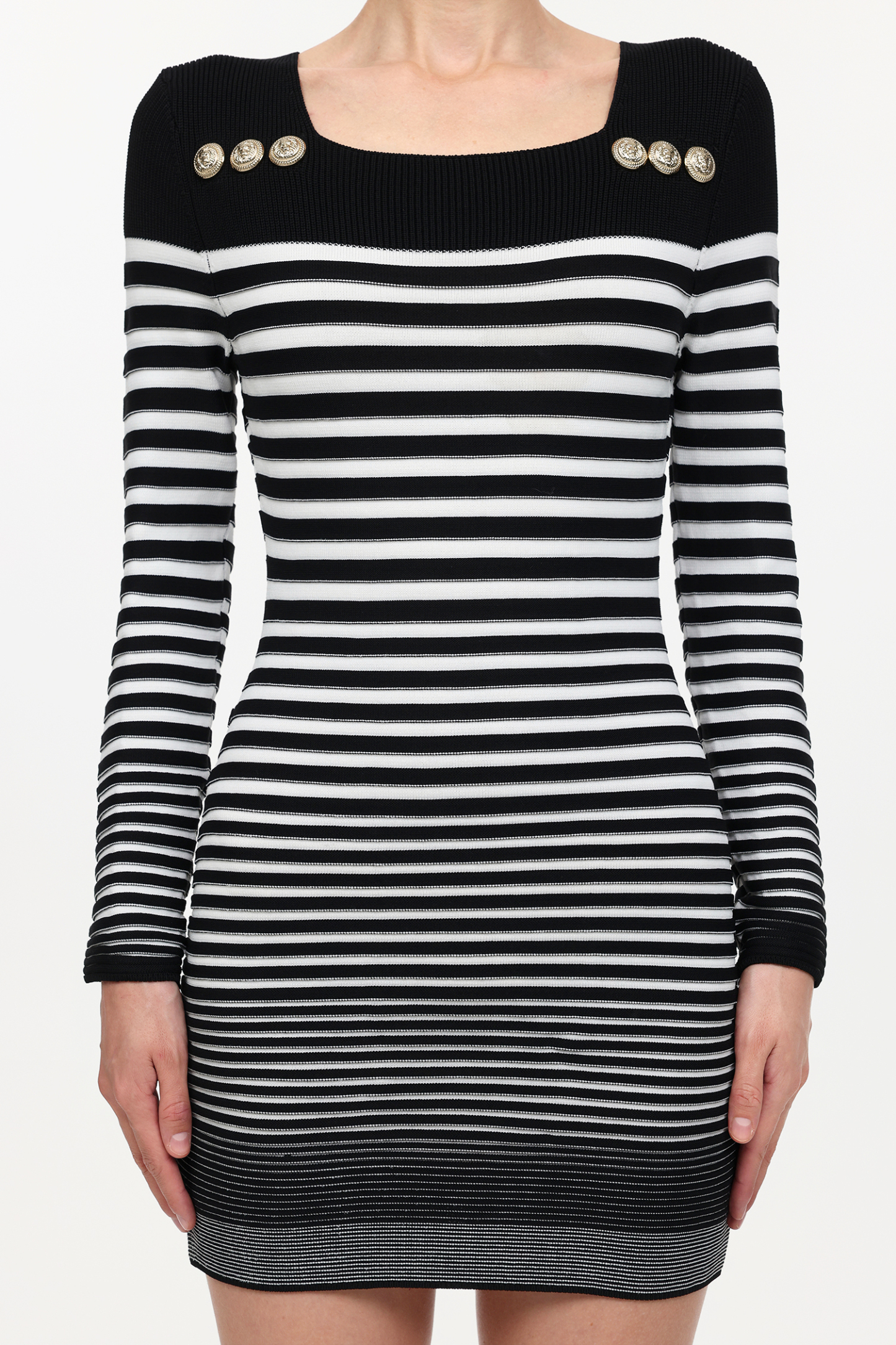 Irene Elegant Contour Long Sleeve Metal Button Stripe Knit Mini Dress