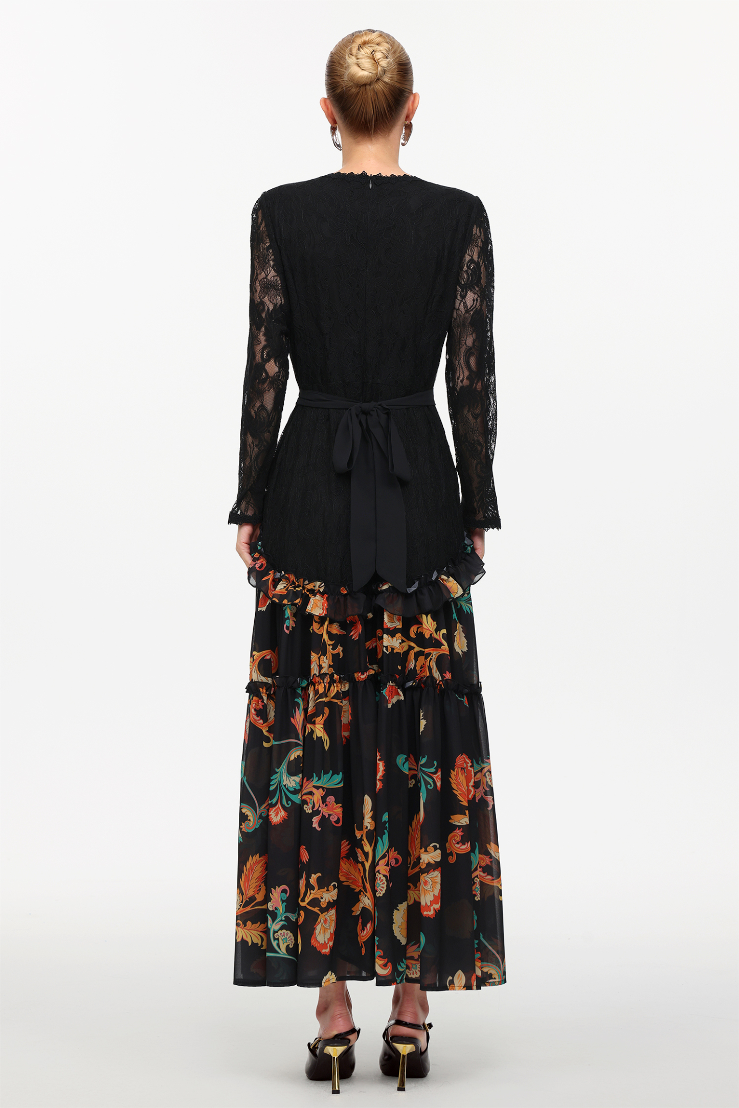 Erina Elegant Flowy Long Sleeve Lace Printed Woven Maxi Dress