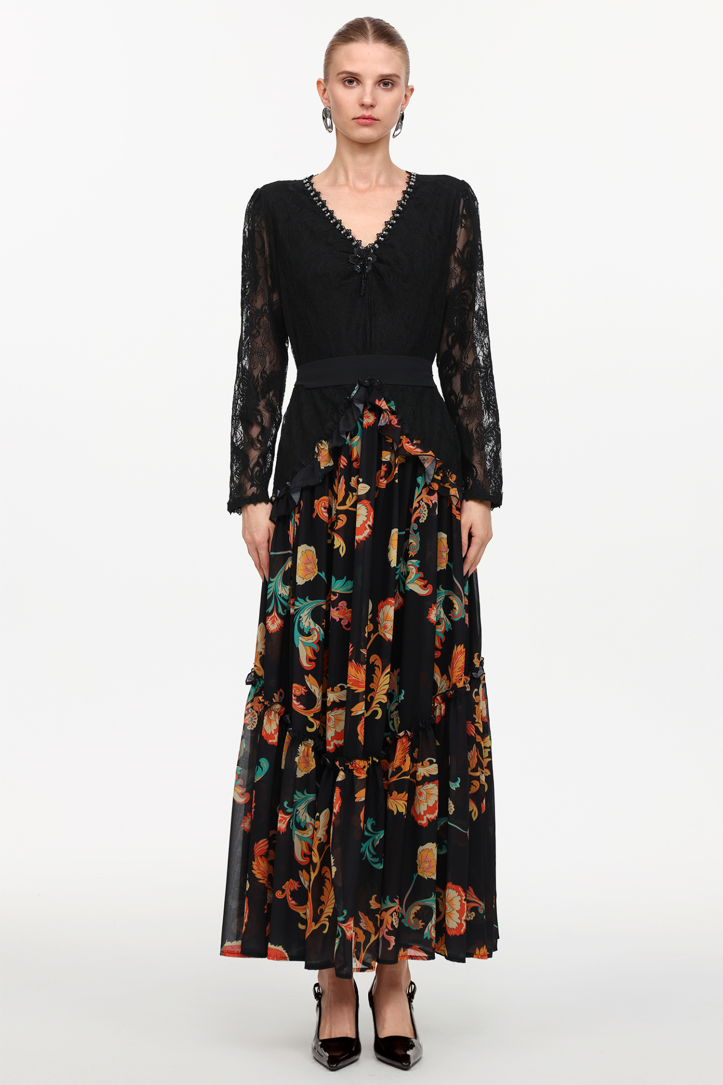 Erina Elegant Flowy Long Sleeve Lace Printed Woven Maxi Dress