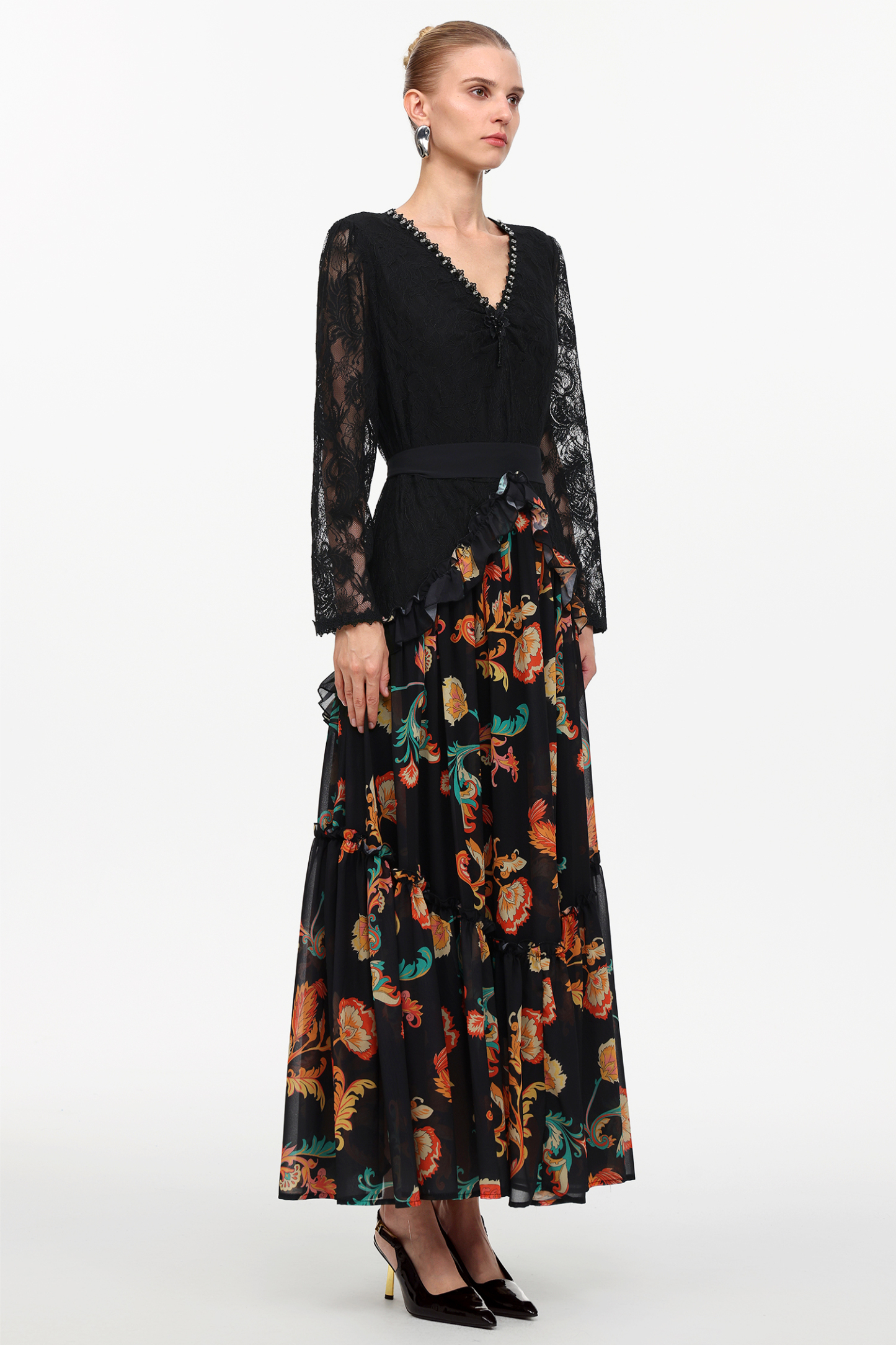 Erina Elegant Flowy Long Sleeve Lace Printed Woven Maxi Dress