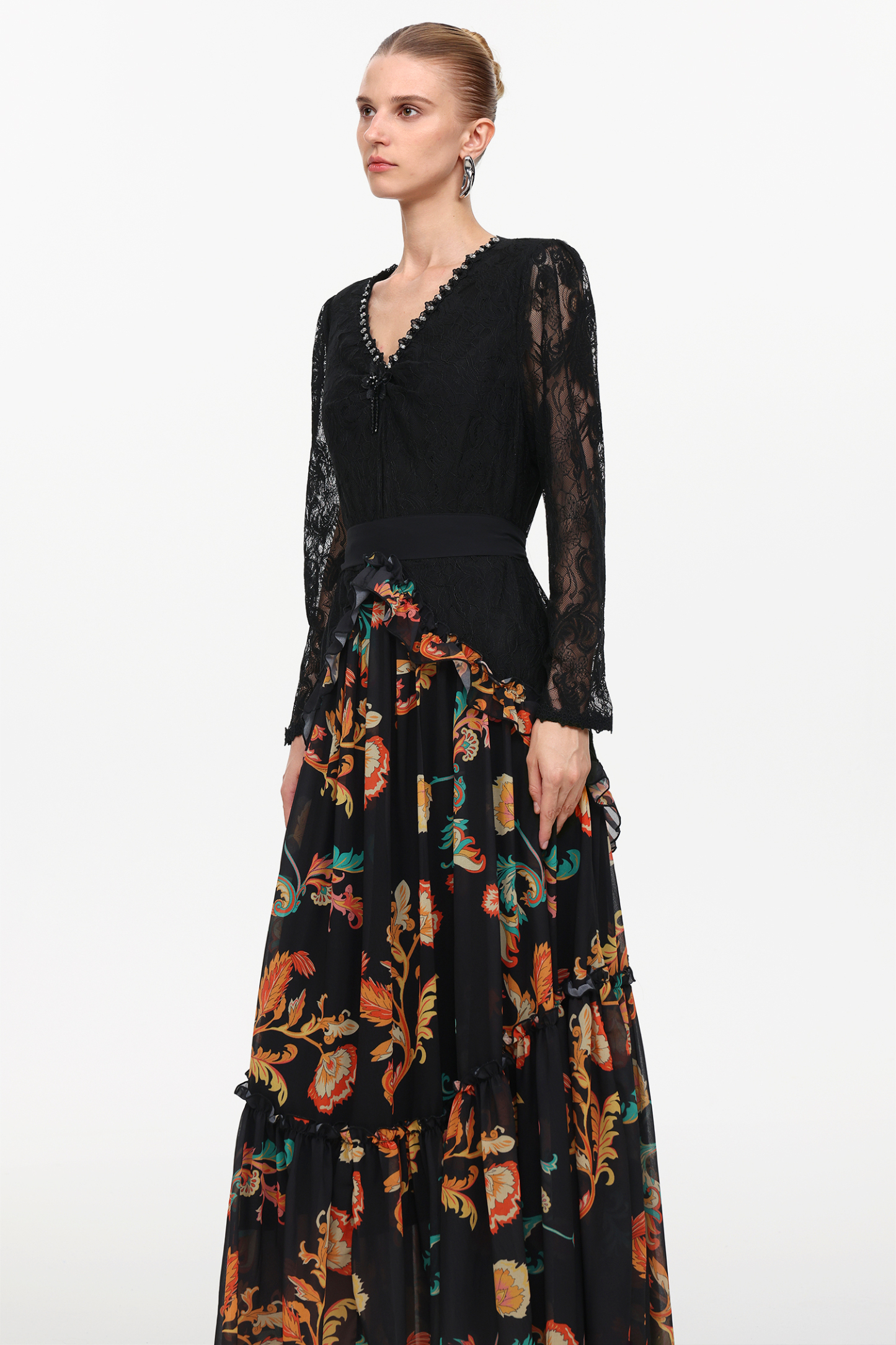 Erina Elegant Flowy Long Sleeve Lace Printed Woven Maxi Dress