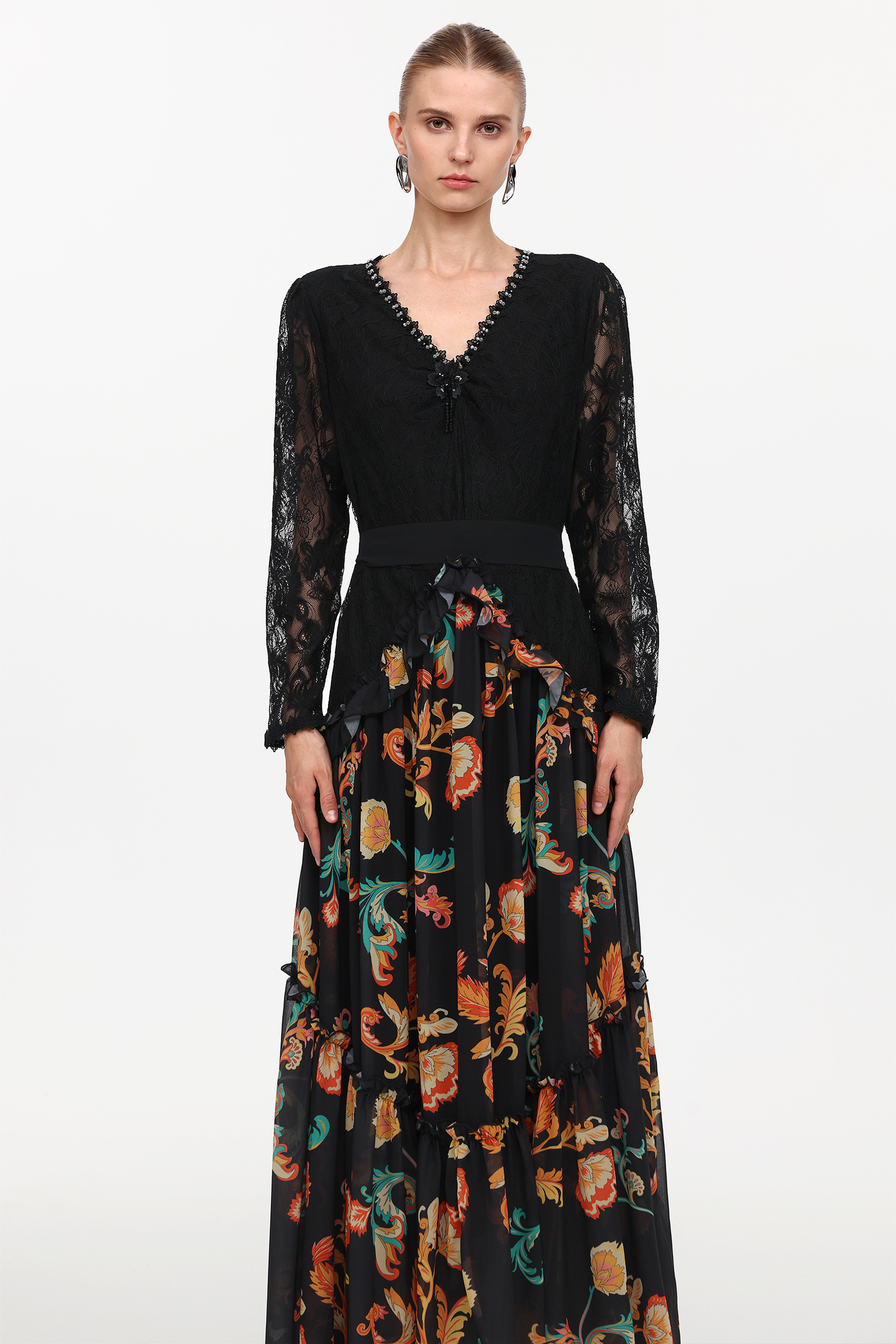 Erina Elegant Flowy Long Sleeve Lace Printed Woven Maxi Dress