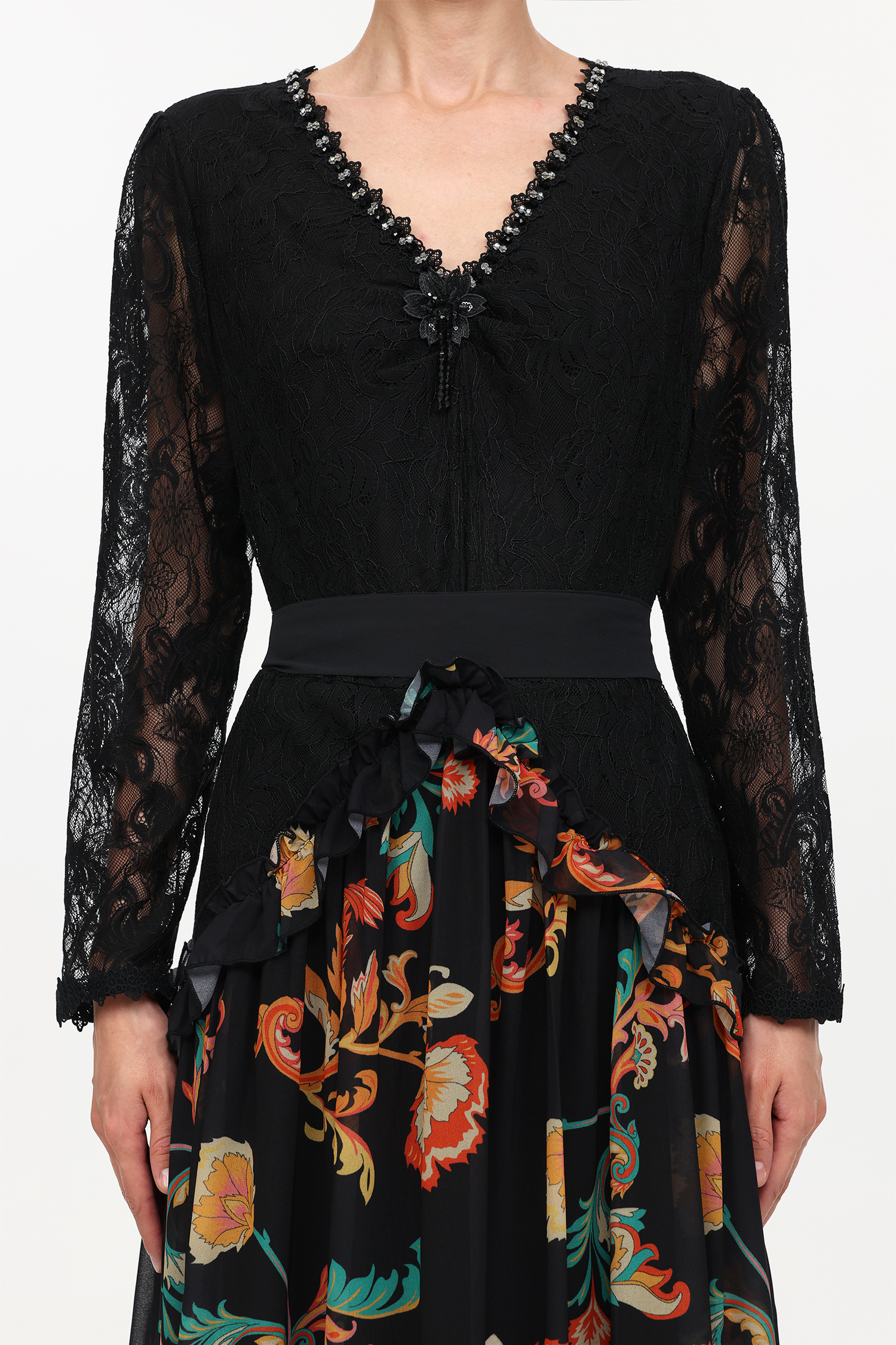 Erina Elegant Flowy Long Sleeve Lace Printed Woven Maxi Dress