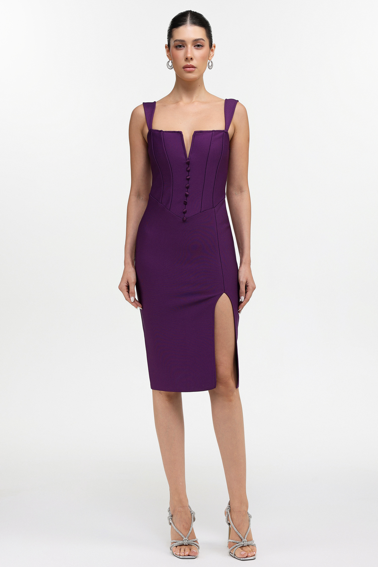 Milena Classic Contour Button Front Purple Bandage Midi Dress