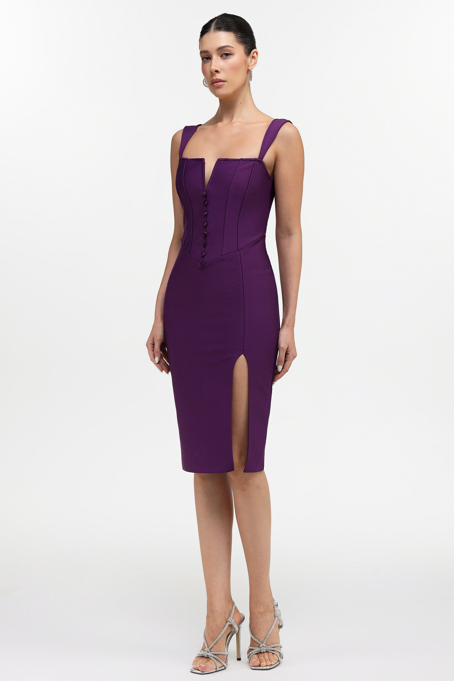 Milena Classic Contour Button Front Purple Bandage Midi Dress