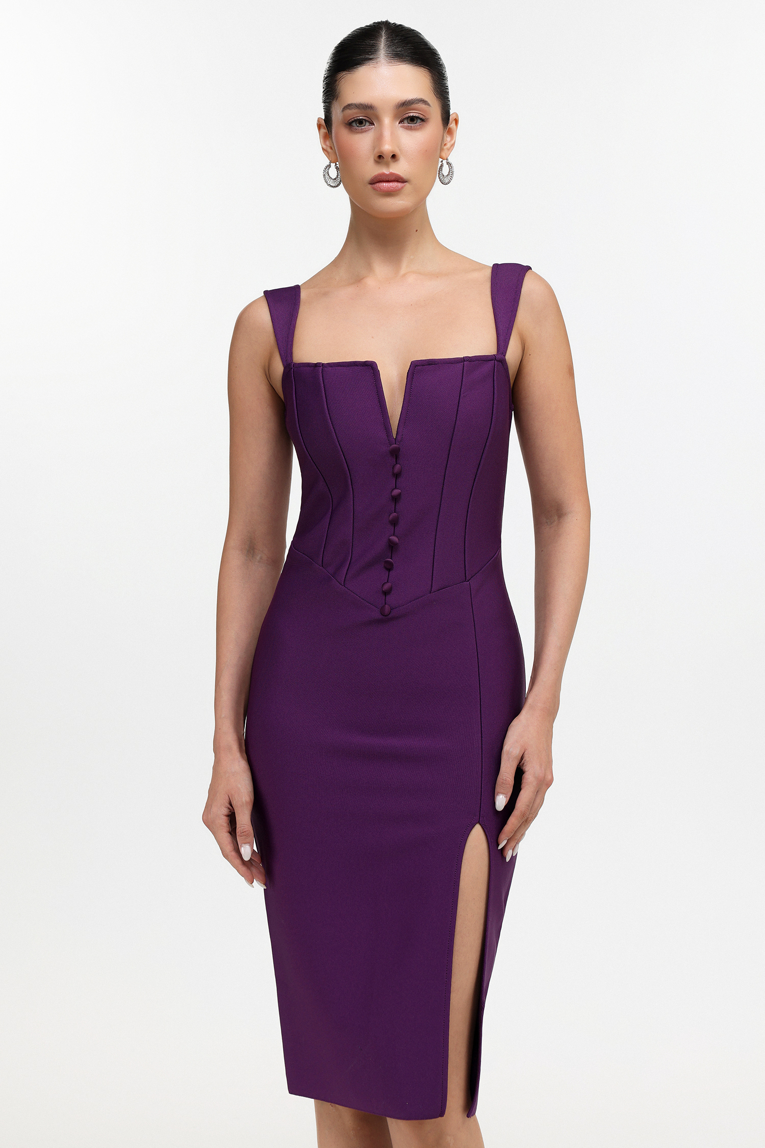 Milena Classic Contour Button Front Purple Bandage Midi Dress