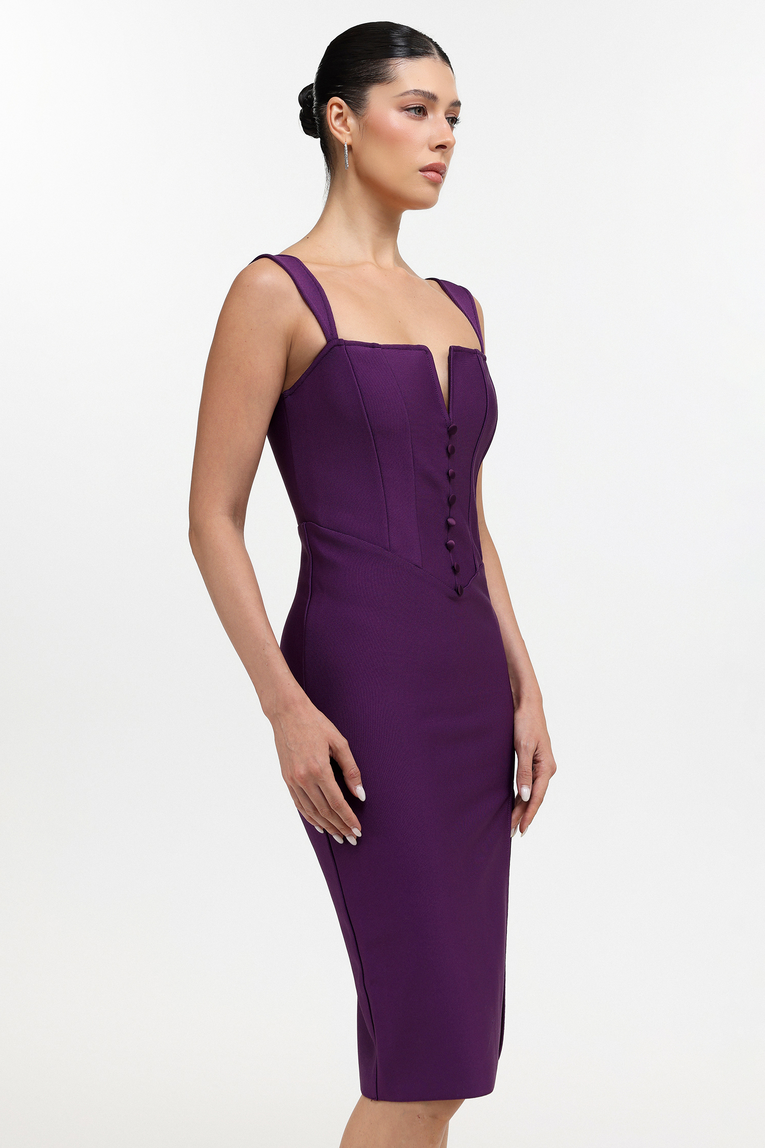 Milena Classic Contour Button Front Purple Bandage Midi Dress