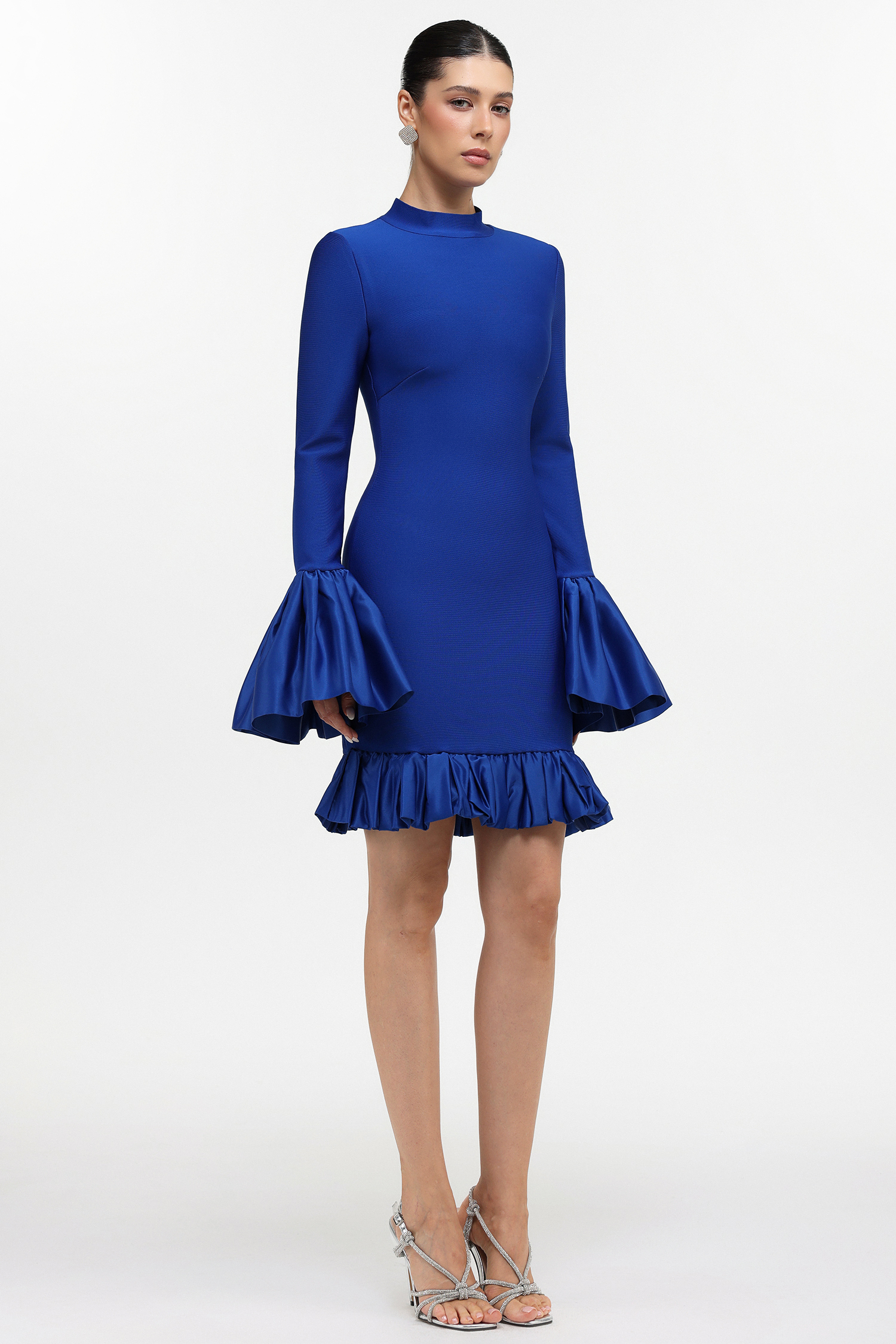Sabina Classic Contour Long Sleeve Ruffle Blue Bandage Mini Dress