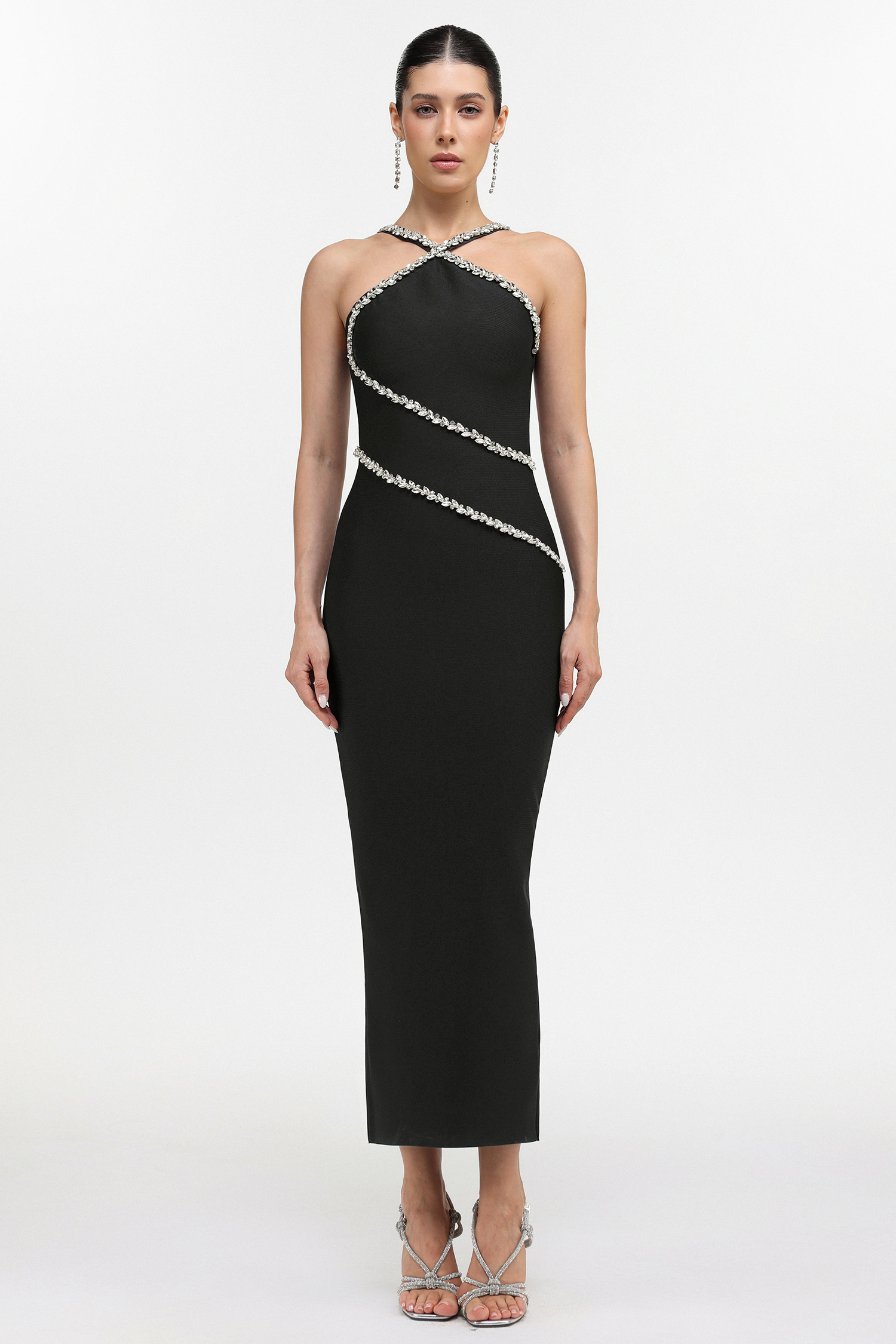 Kailani Classic Contour Halter Rhinestone Black Bandage Maxi Dress