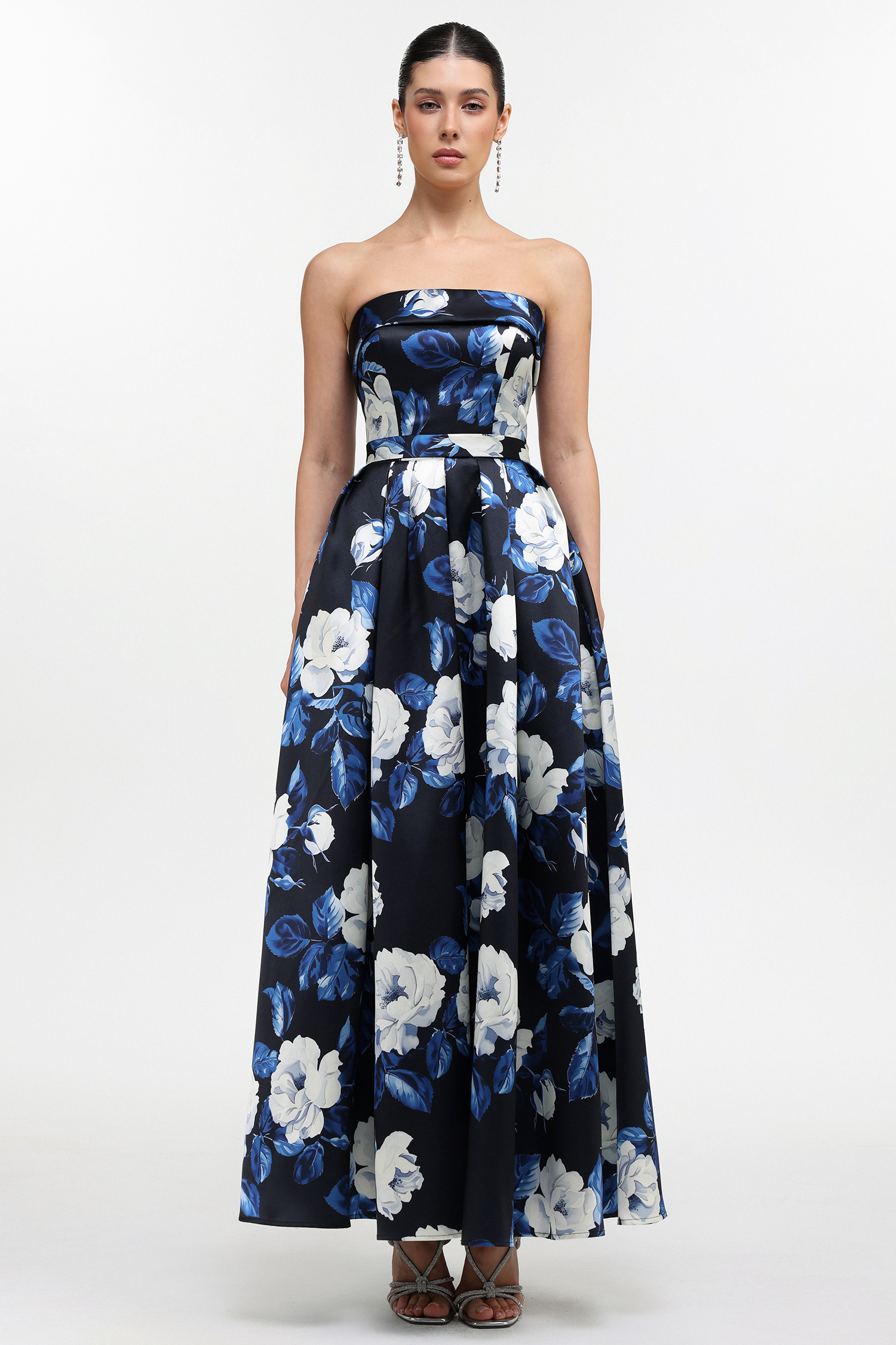 Harper Elegant Tailored Strapless Floral Print Maxi Dress