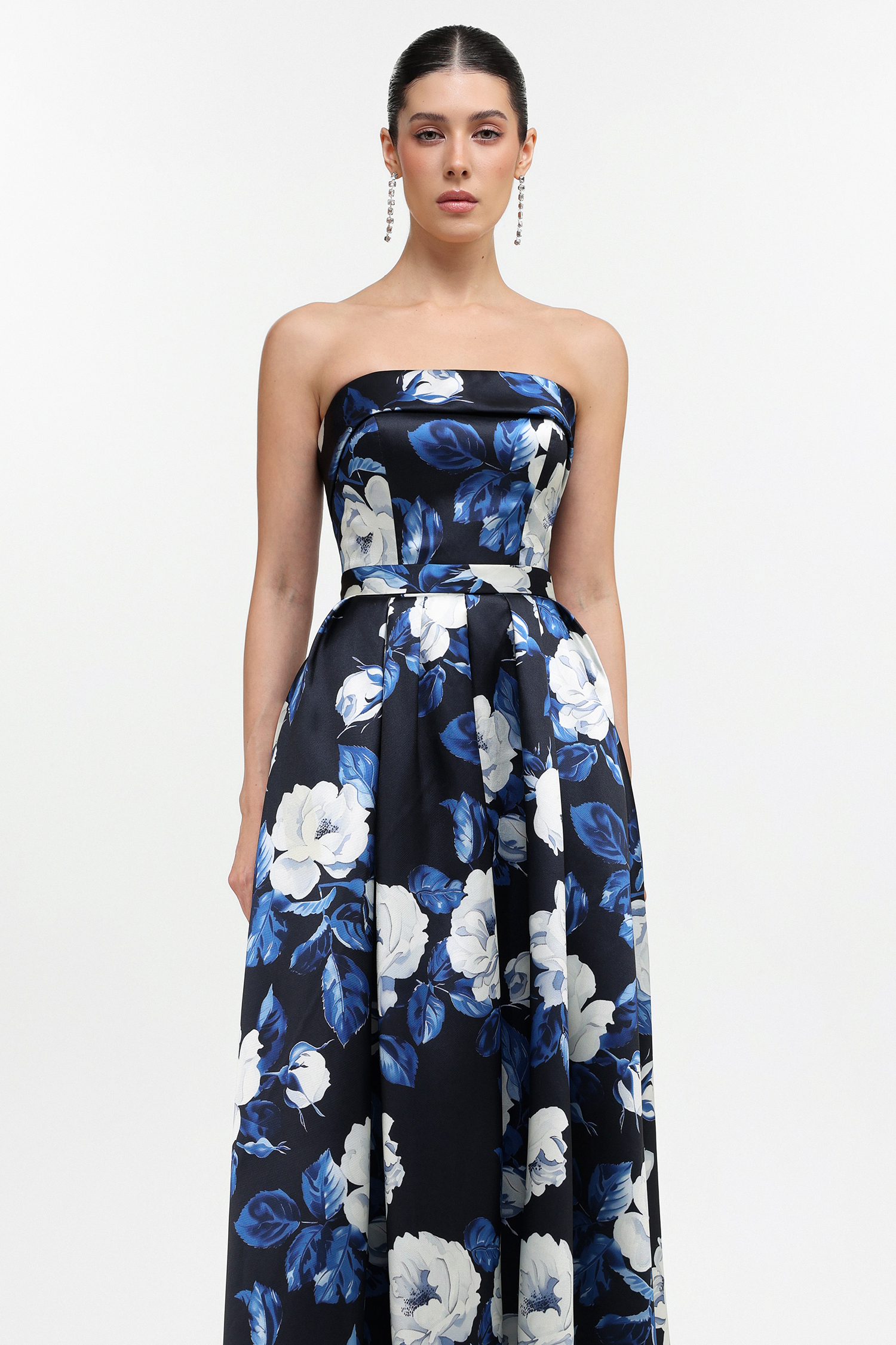 Harper Elegant Tailored Strapless Floral Print Maxi Dress