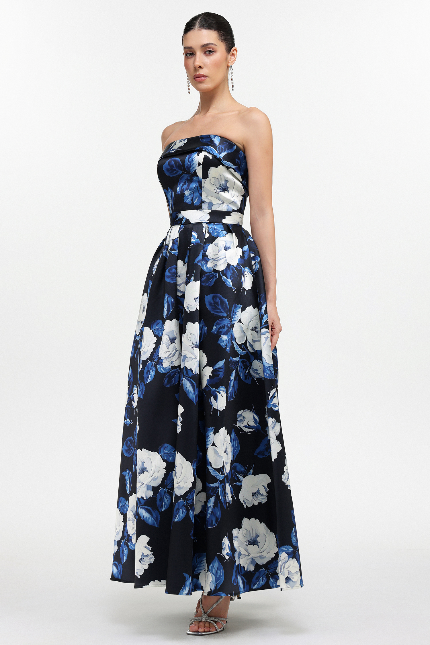 Harper Elegant Tailored Strapless Floral Print Maxi Dress