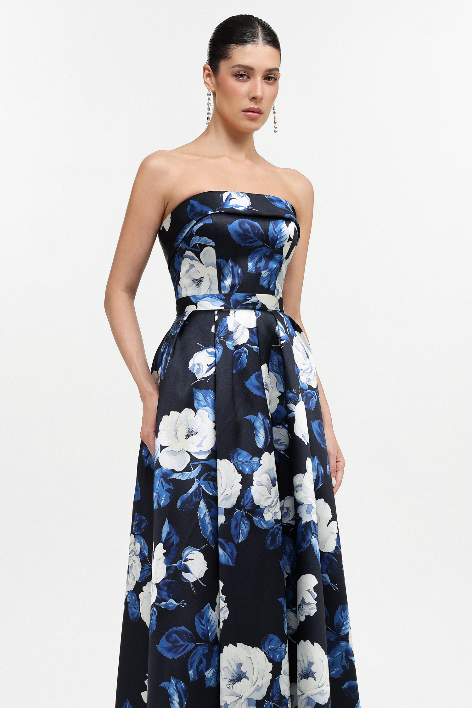Harper Elegant Tailored Strapless Floral Print Maxi Dress
