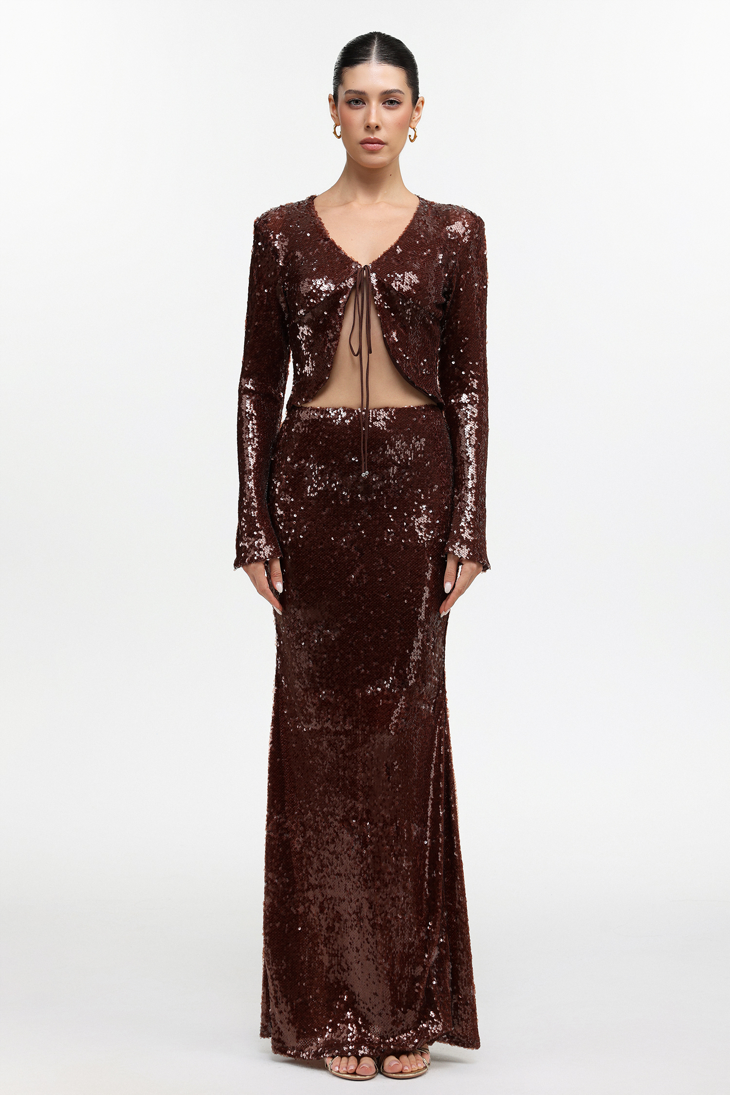 Linnaea Chic Contour Long Sleeve Sequin Top and Skirt Two Piece Set