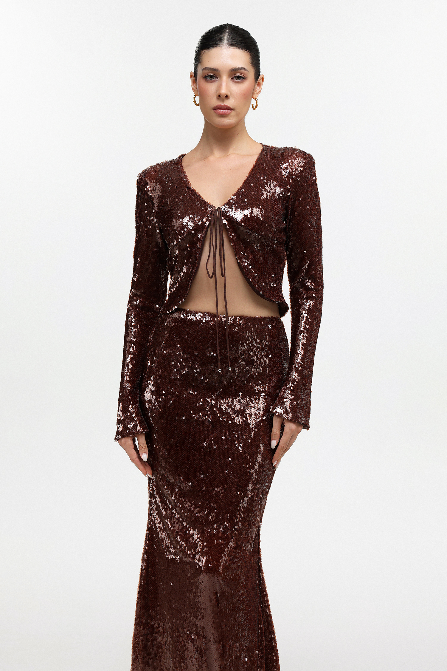 Linnaea Chic Contour Long Sleeve Sequin Top and Skirt Two Piece Set