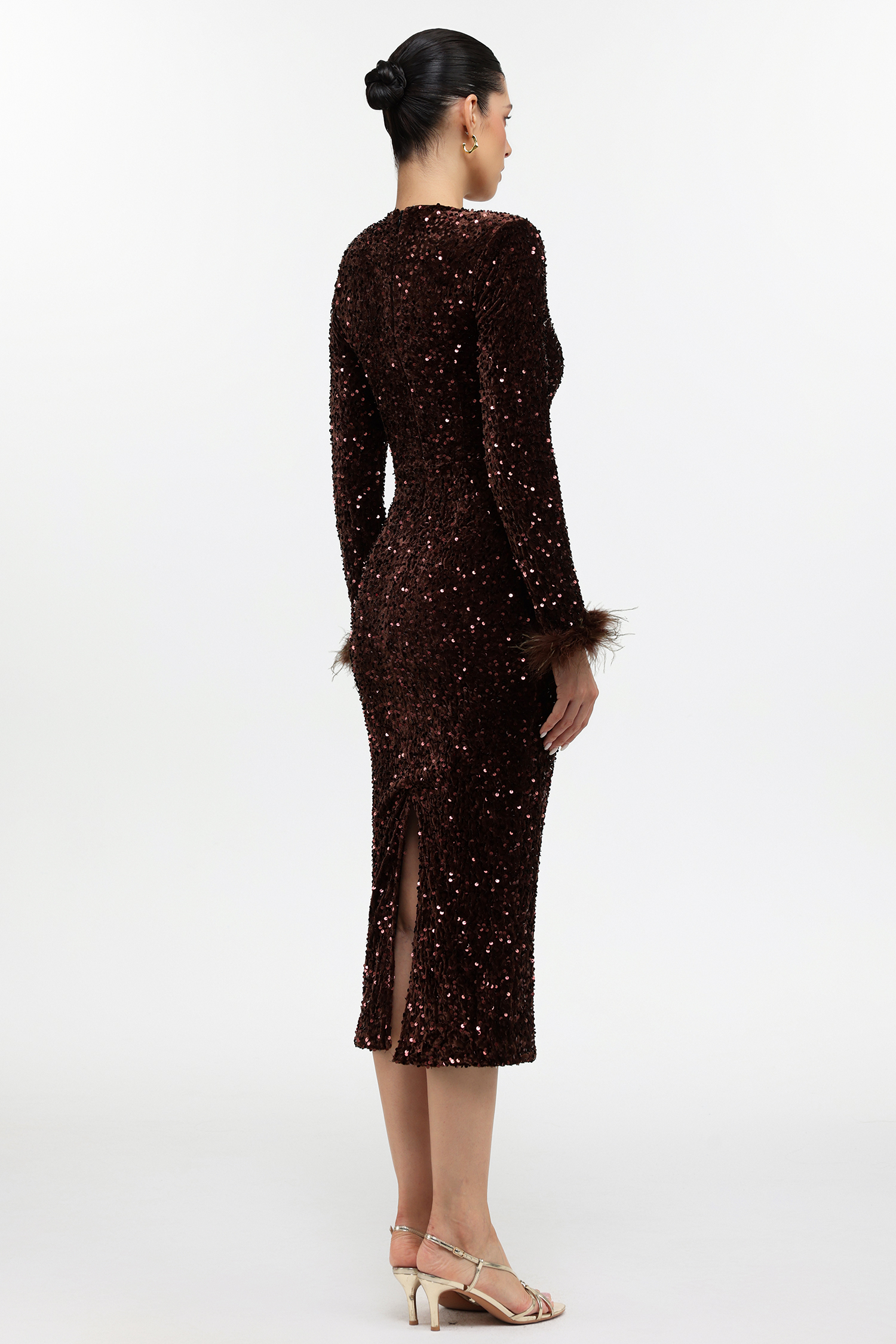 Lilian Glamorous Contour Long Sleeve Sequin Brown Maxi Dress