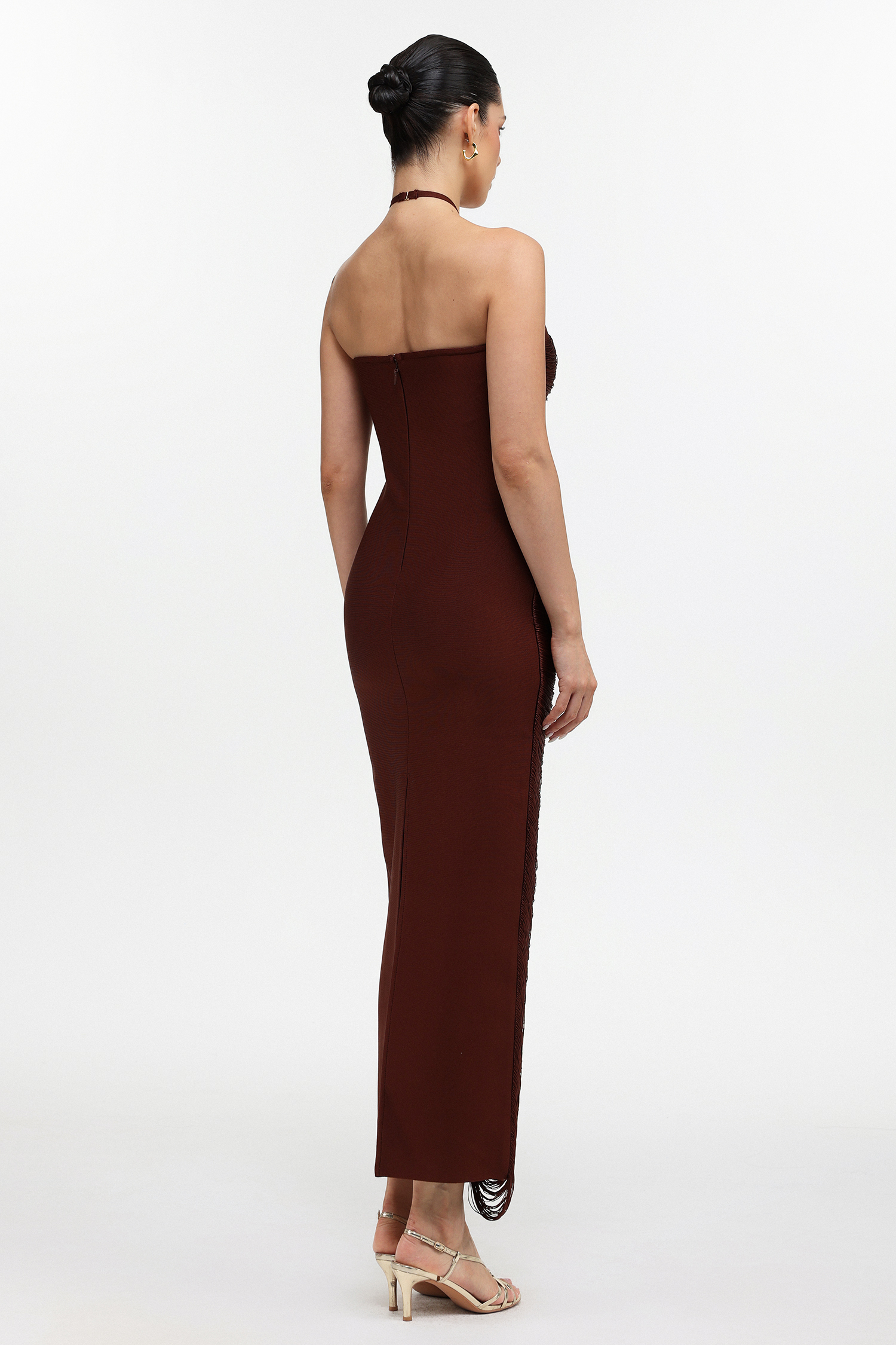 Jozie Classic Contour Halter Fringe Brown Maxi Dress