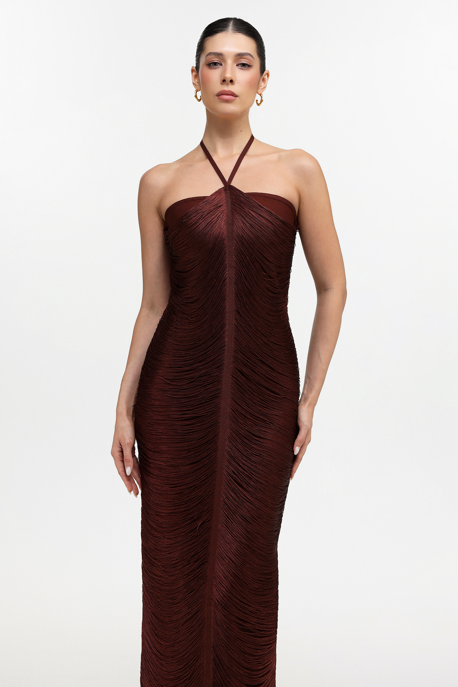 Jozie Classic Contour Halter Fringe Brown Maxi Dress