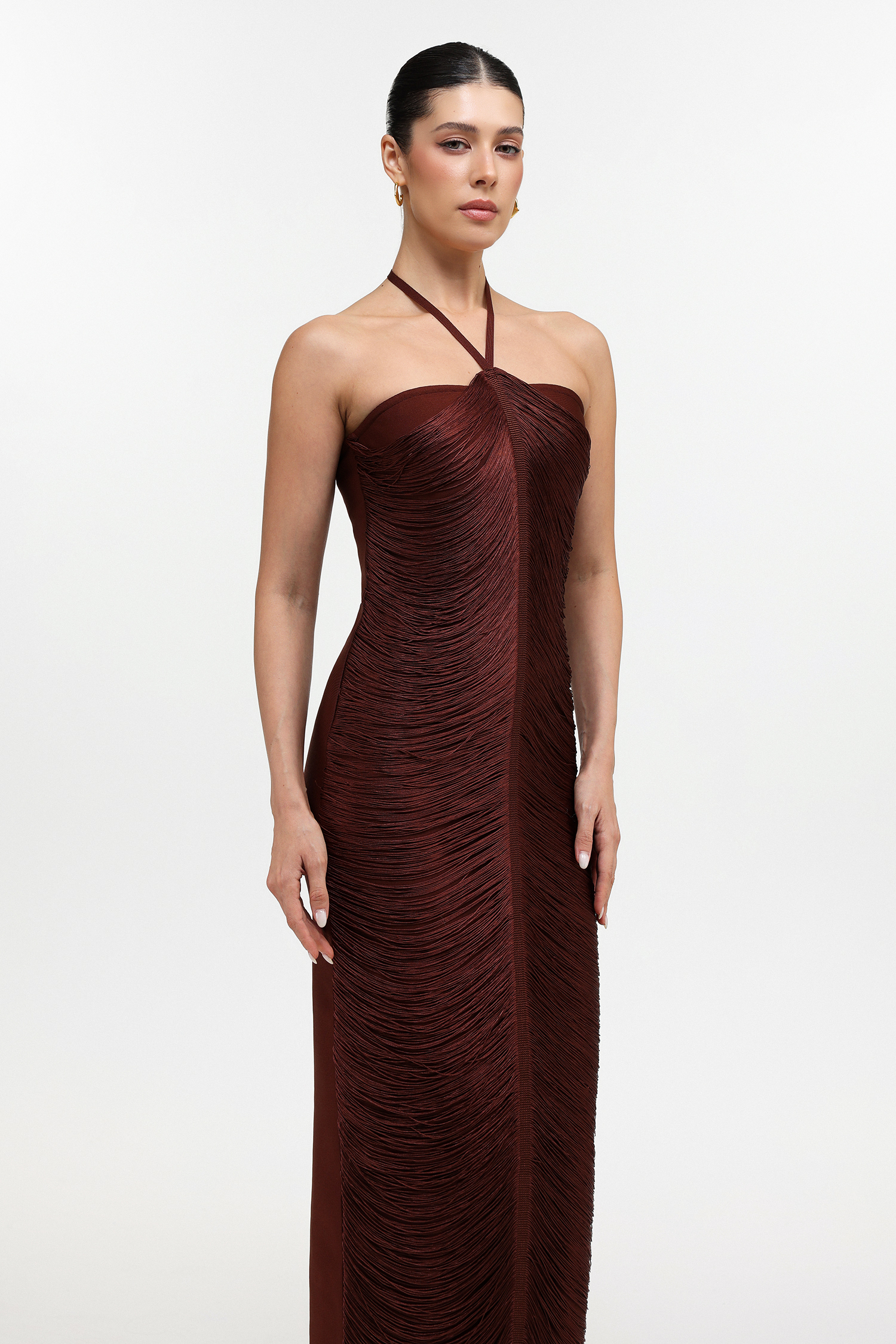 Jozie Classic Contour Halter Fringe Brown Maxi Dress