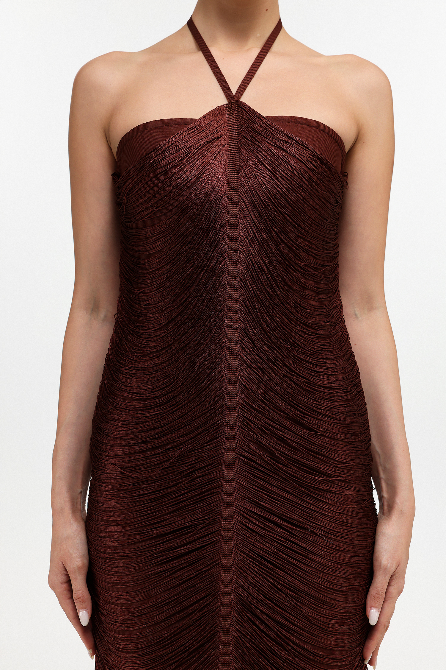 Jozie Classic Contour Halter Fringe Brown Maxi Dress