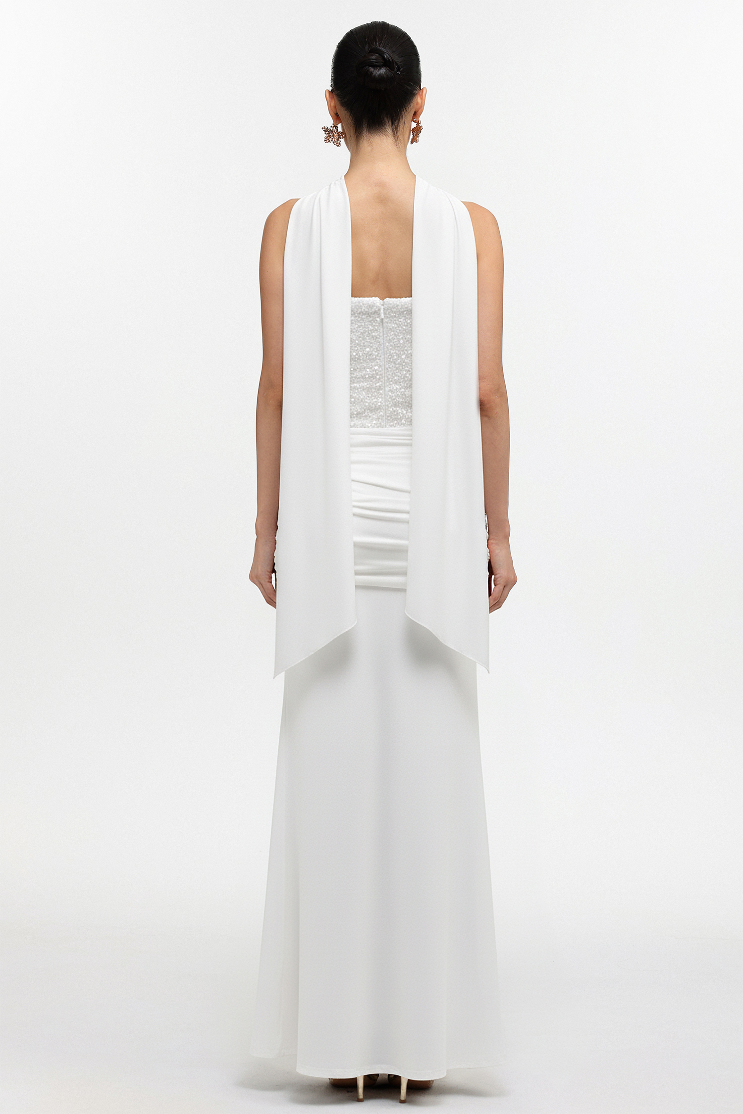 Sharlot Elegant Contour Strapless sequin Draped Knit White Maxi Dress