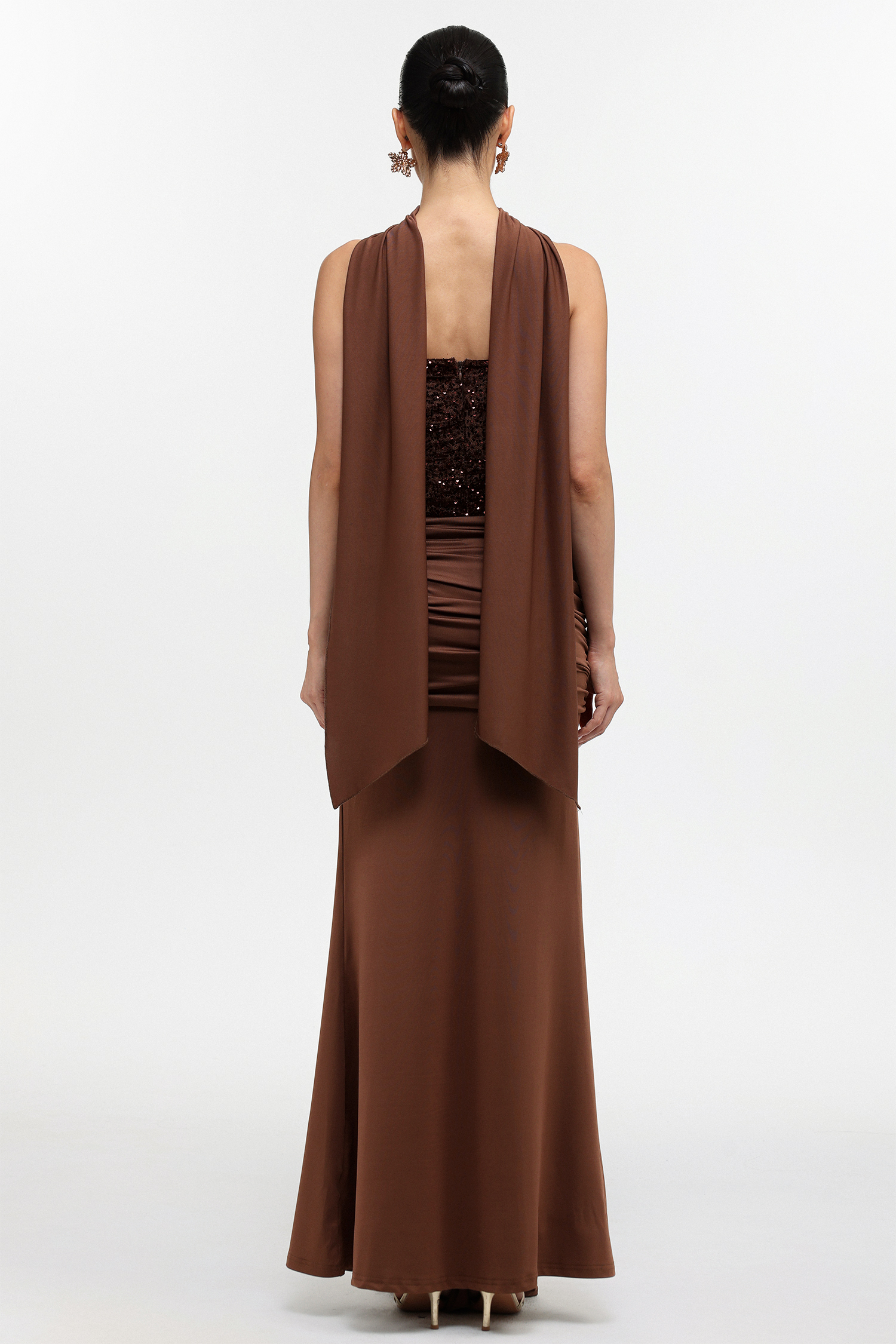 Sharlot Elegant Contour Strapless sequin Draped Knit Maxi Dress