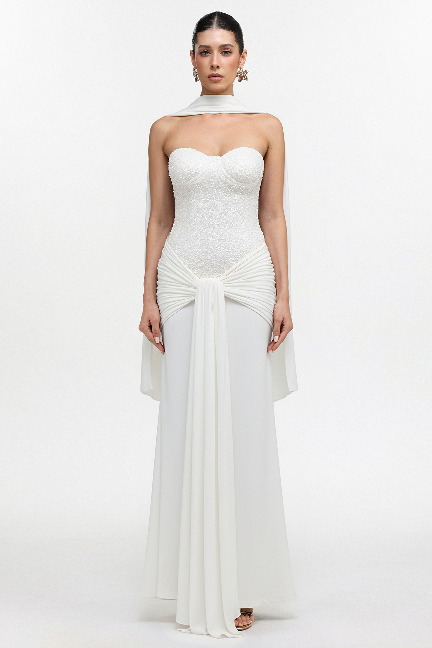 Sharlot Elegant Contour Strapless sequin Draped Knit White Maxi Dress