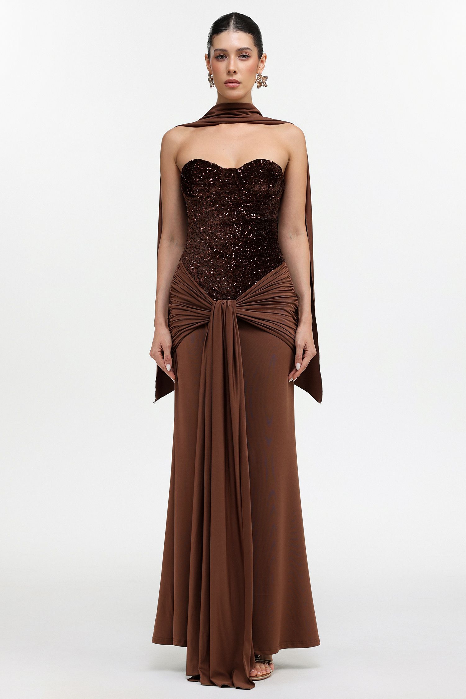 Sharlot Elegant Contour Strapless sequin Draped Knit Maxi Dress