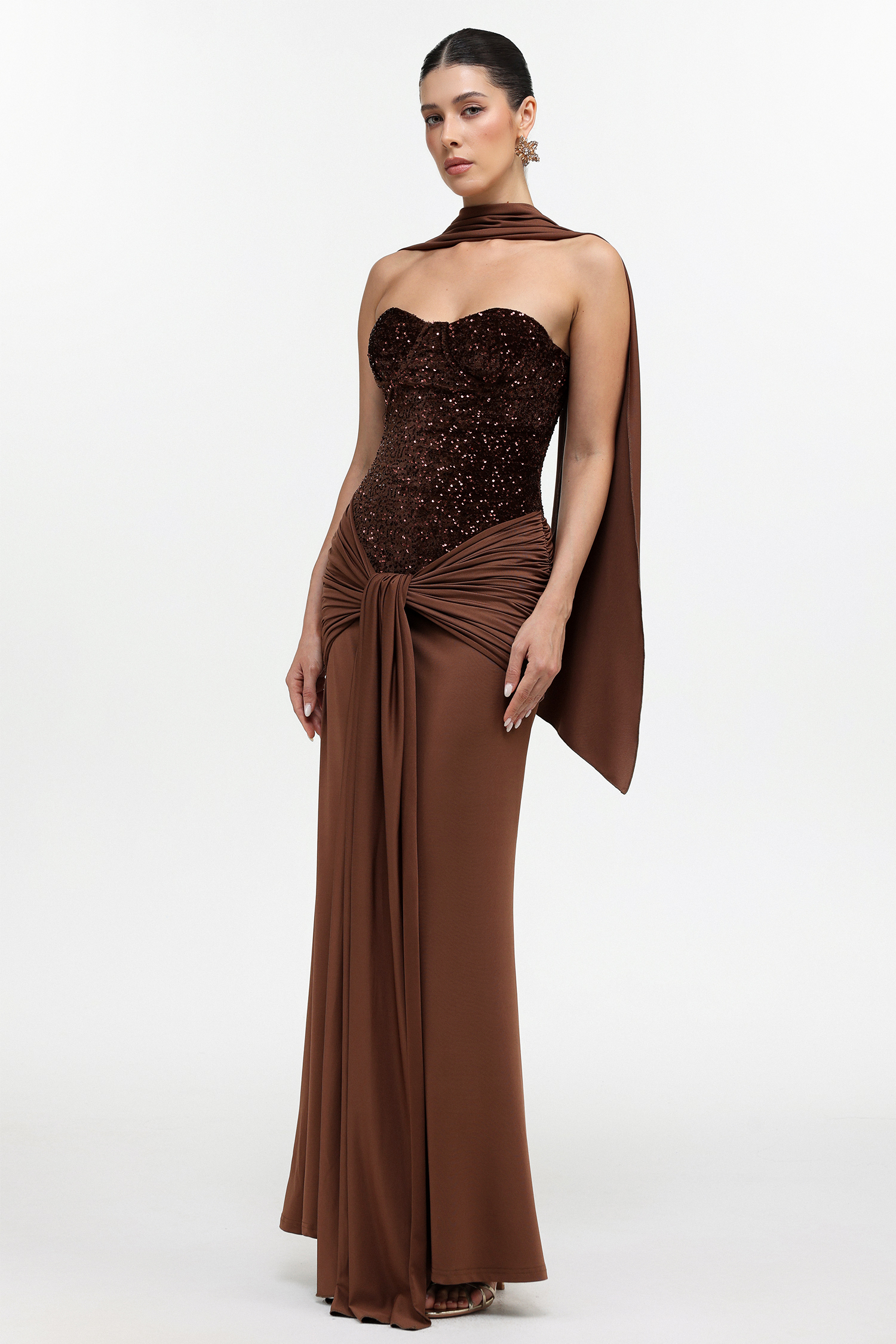 Sharlot Elegant Contour Strapless sequin Draped Knit Maxi Dress