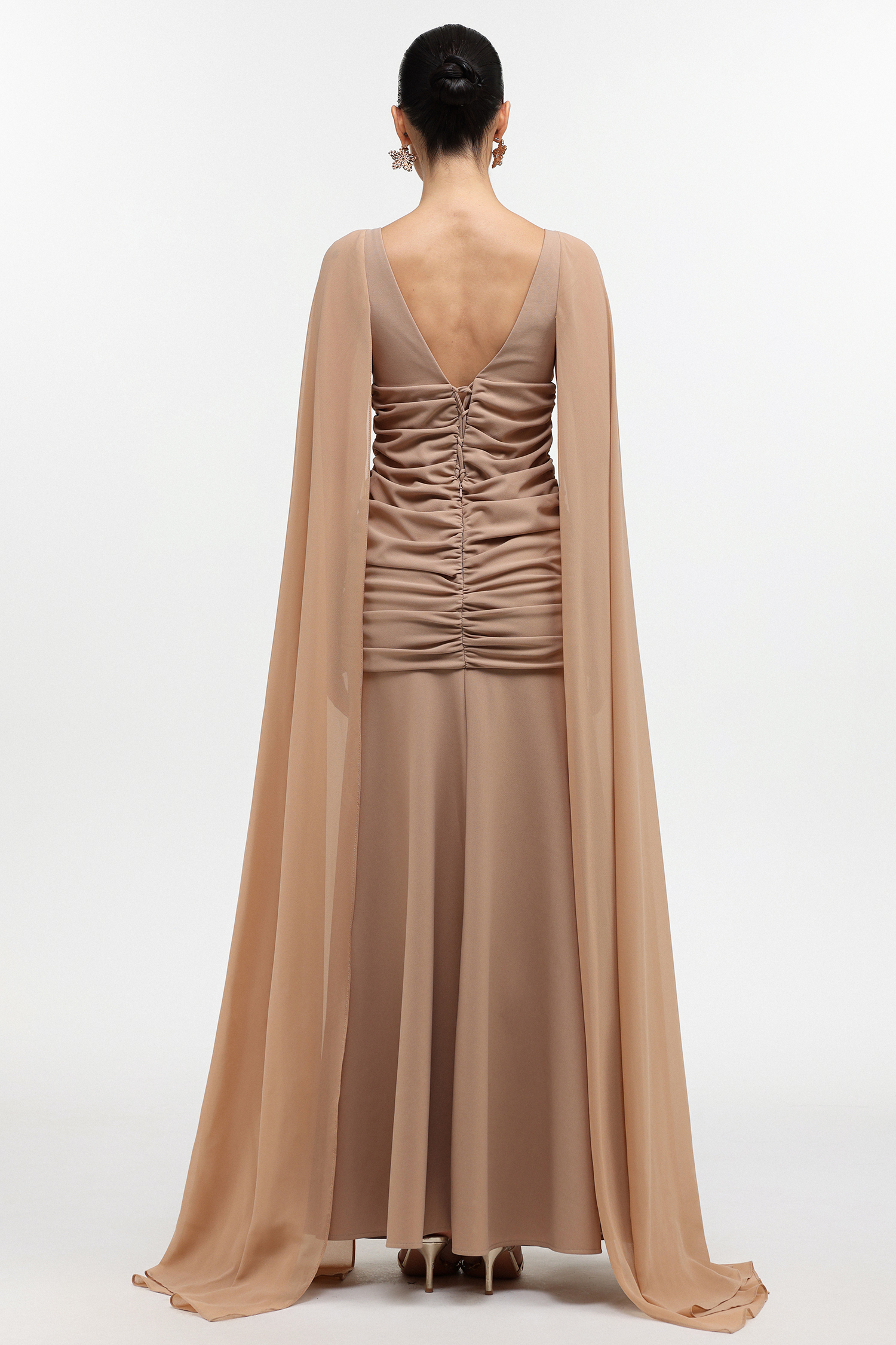Tessy Elegant Tailored V Neck Mesh Cape Sleeve Ruched Maxi Dress
