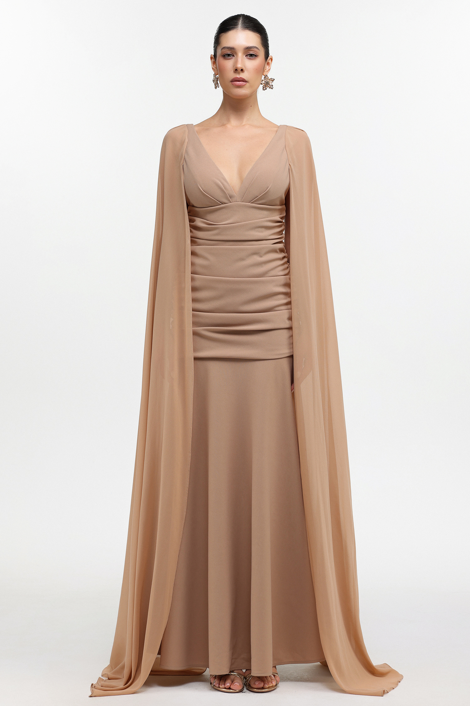 Tessy Elegant Tailored V Neck Mesh Cape Sleeve Ruched Maxi Dress