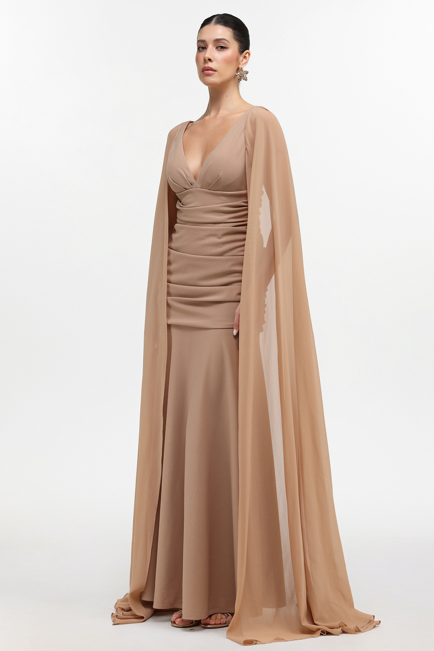 Tessy Elegant Tailored V Neck Mesh Cape Sleeve Ruched Maxi Dress