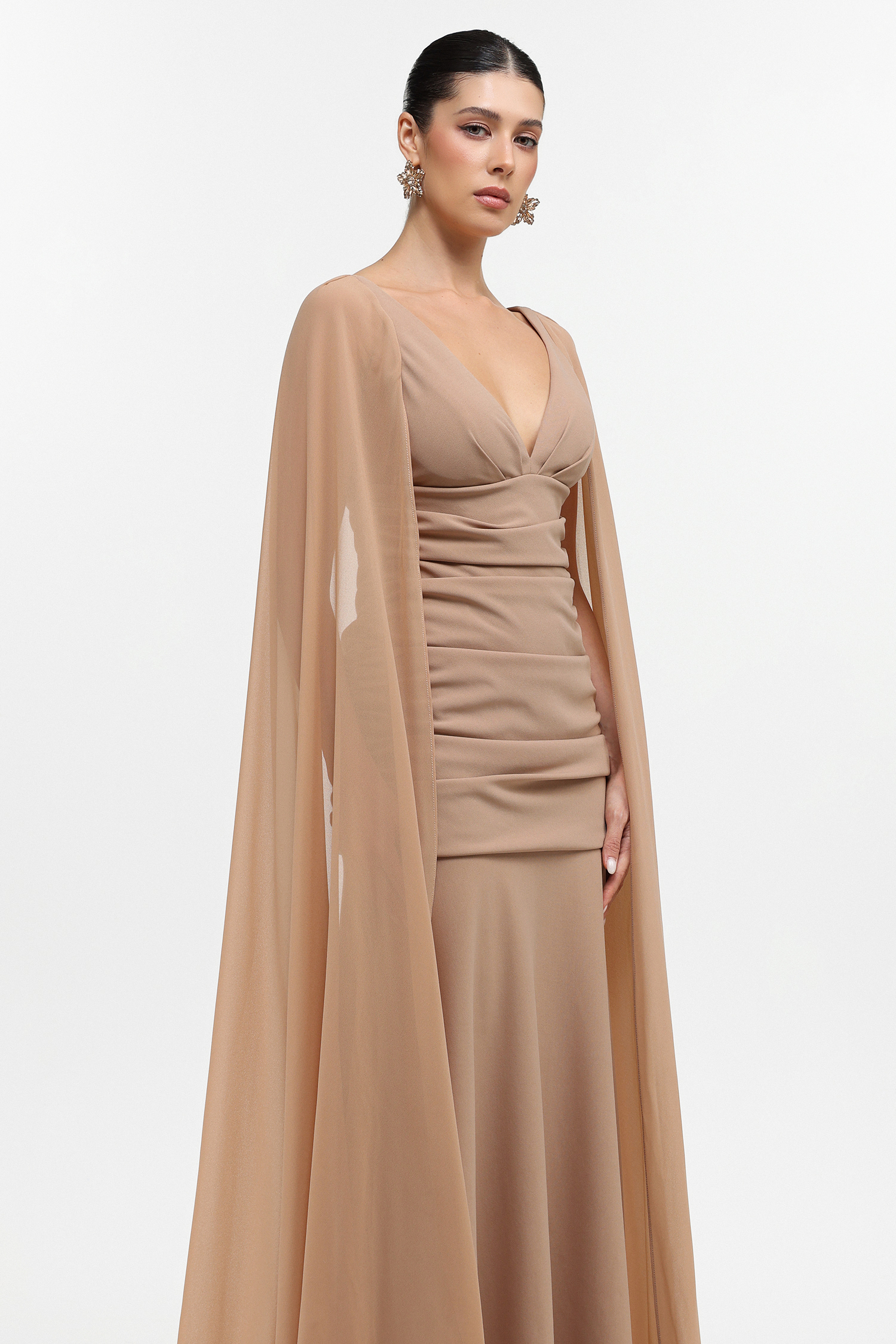 Tessy Elegant Tailored V Neck Mesh Cape Sleeve Ruched Maxi Dress