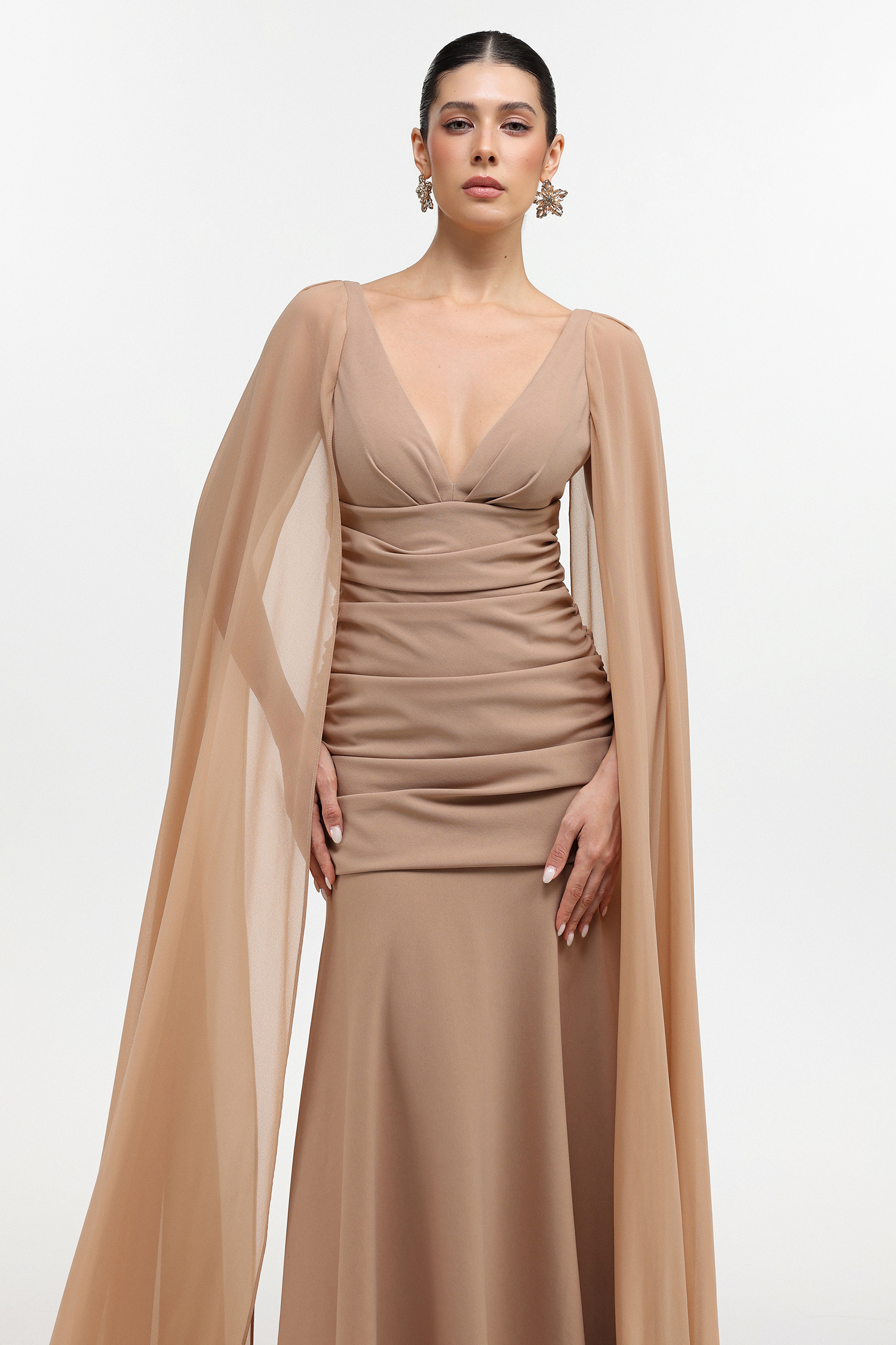 Tessy Elegant Tailored V Neck Mesh Cape Sleeve Ruched Maxi Dress