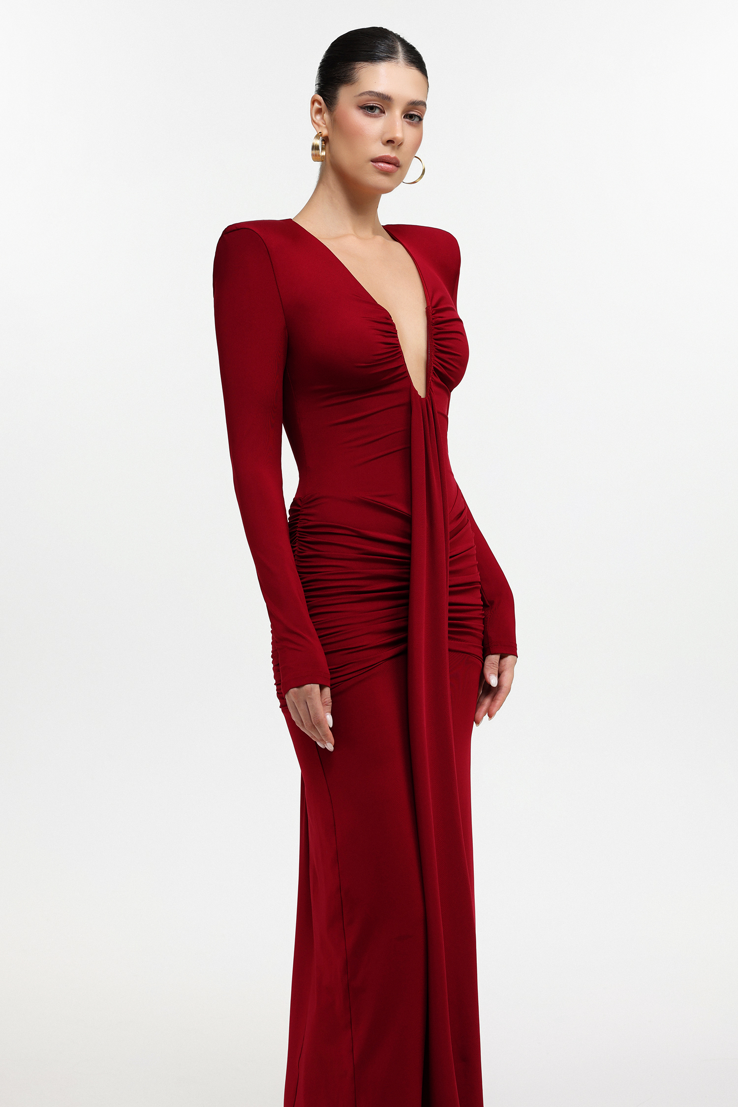 Dixie Sexy Contour Long Sleeve Deep V Ruched Knit Maxi Dress
