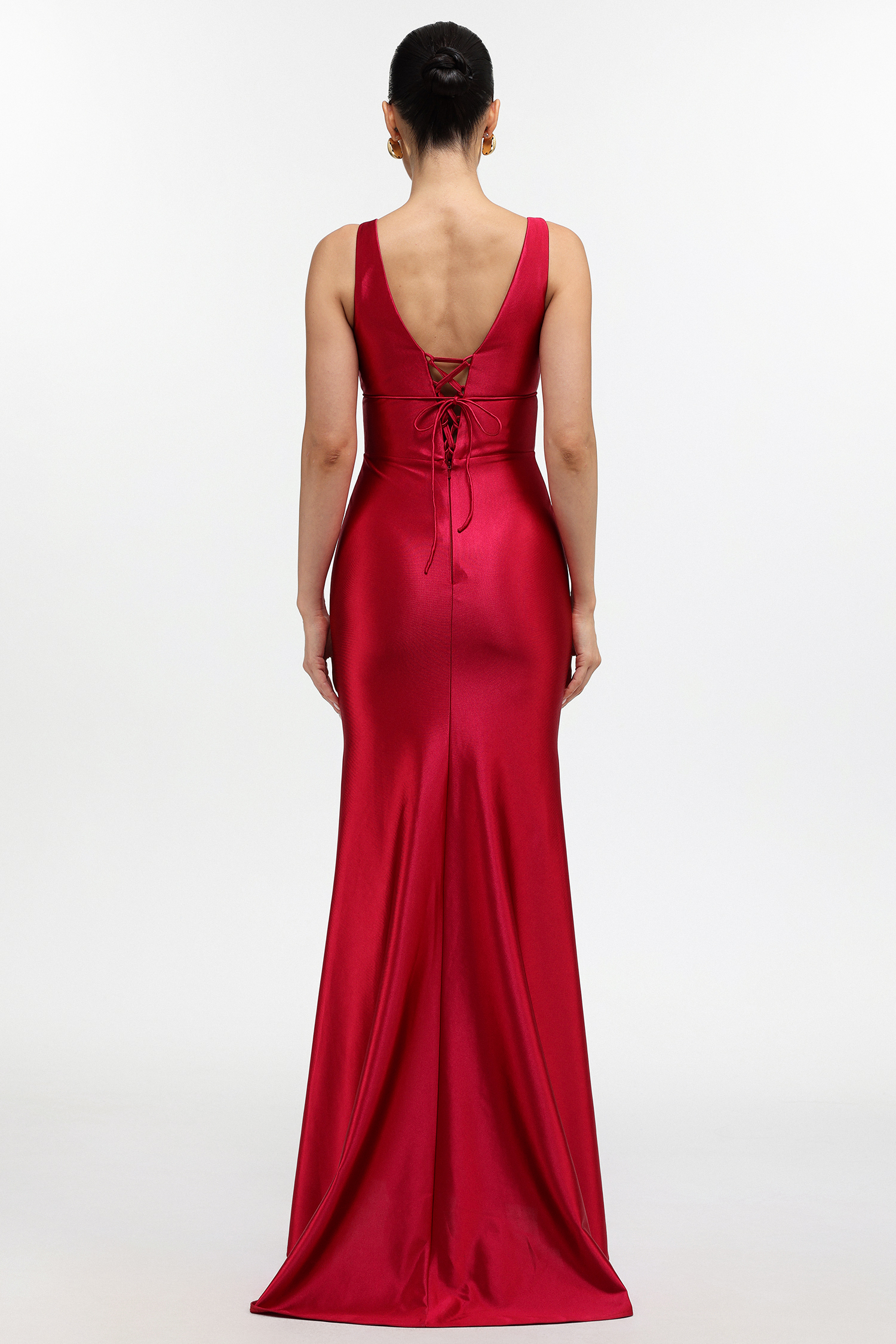Talasa Elegant Cinched Waist V Neck Satin Maxi Dress