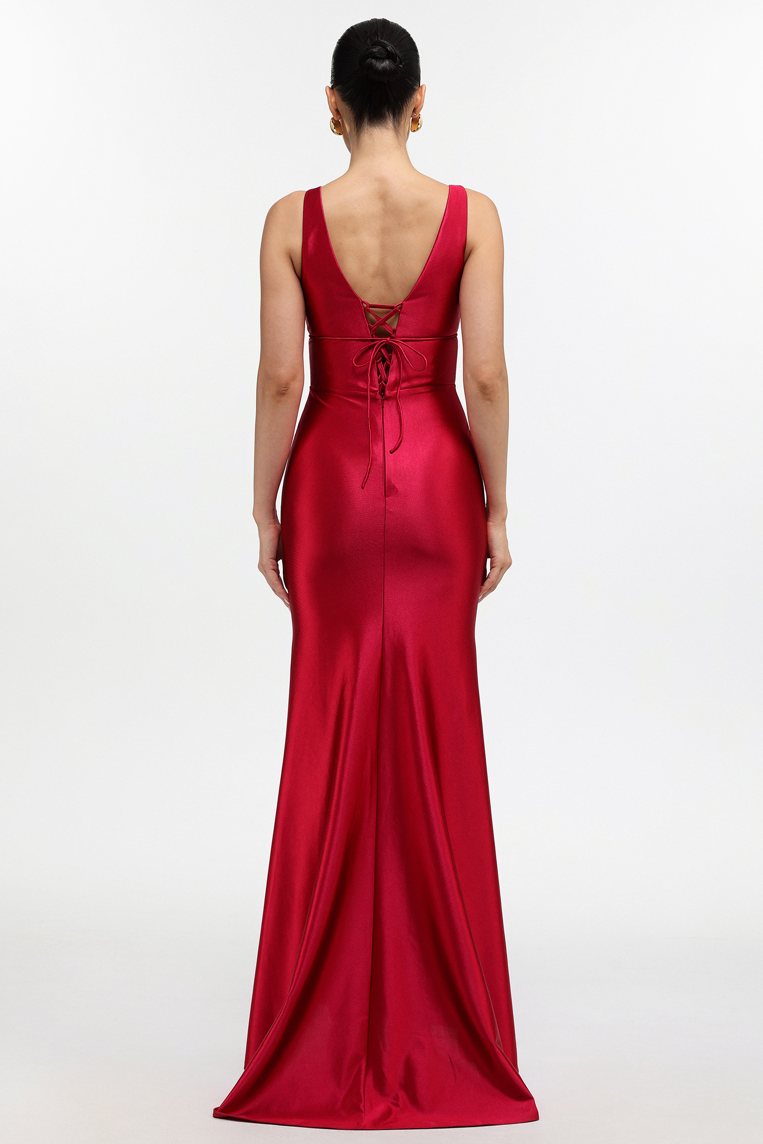 Talasa Elegant Cinched Waist V Neck Satin Maxi Dress