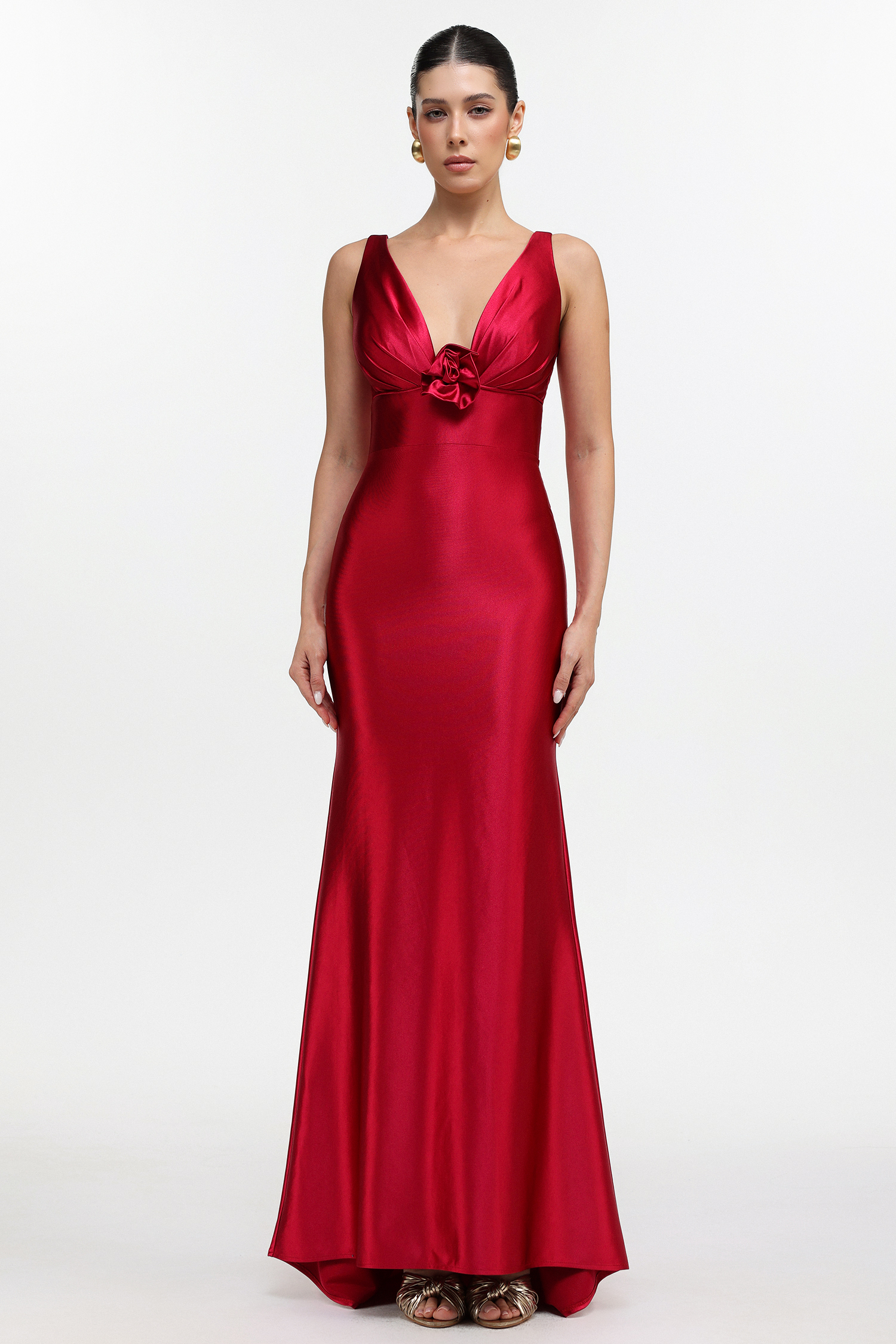 Talasa Elegant Cinched Waist V Neck Satin Maxi Dress