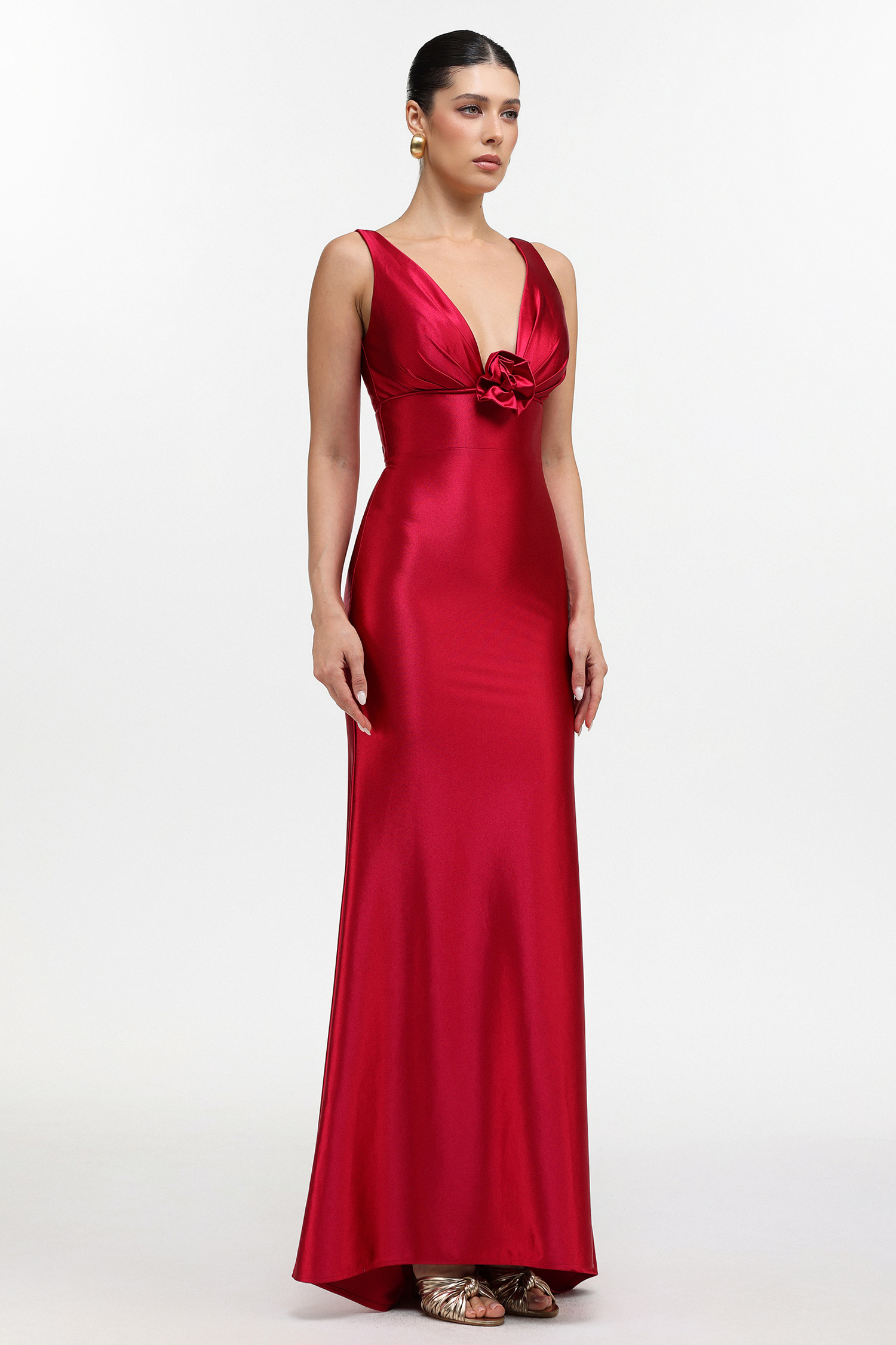 Talasa Elegant Cinched Waist V Neck Satin Maxi Dress