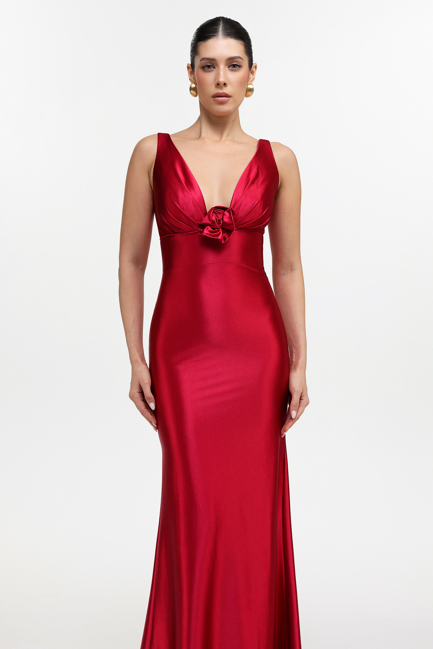 Talasa Elegant Cinched Waist V Neck Satin Maxi Dress