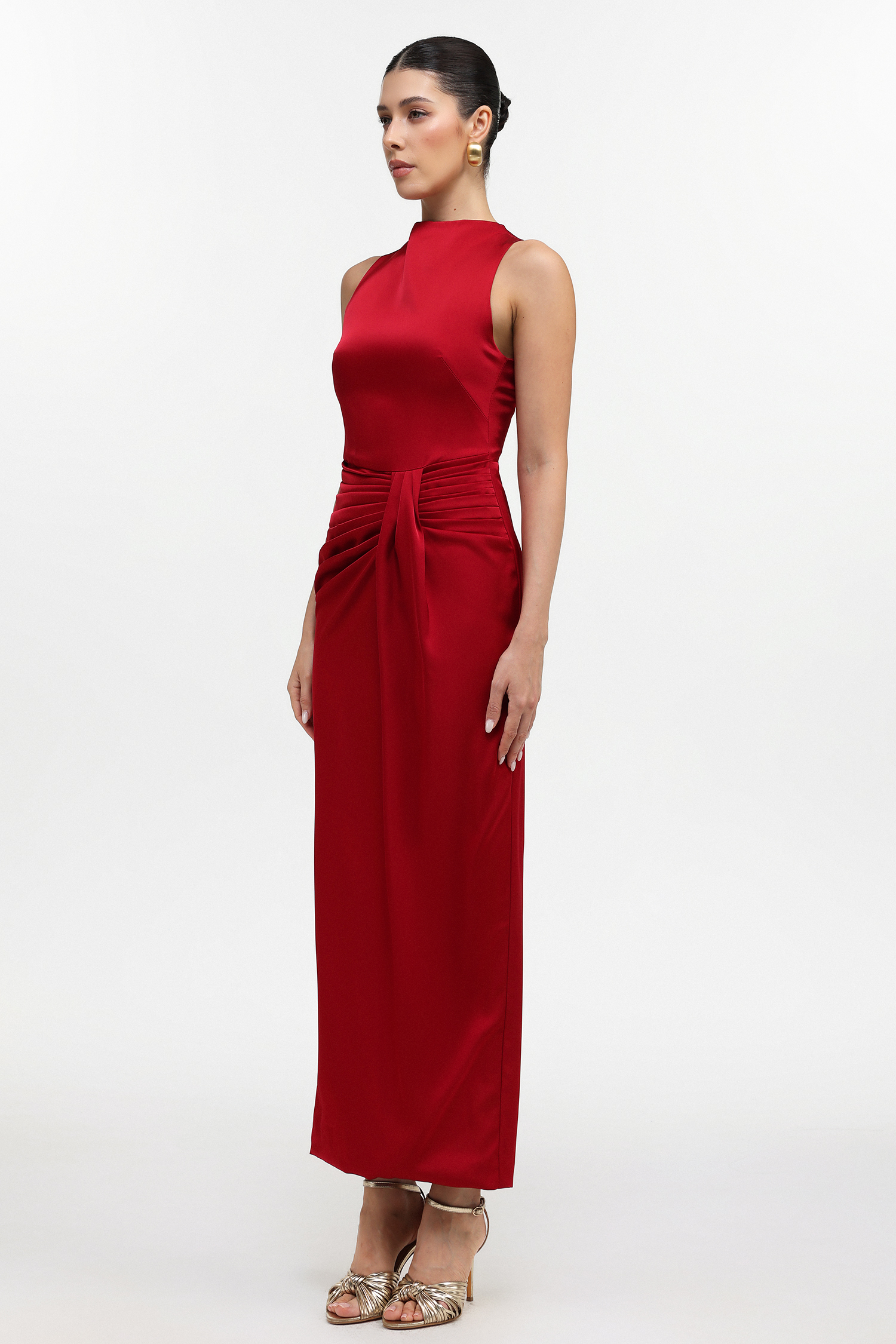 Tyler Elegant Tailored Sleeveless Pleated Satin Maxi Dress