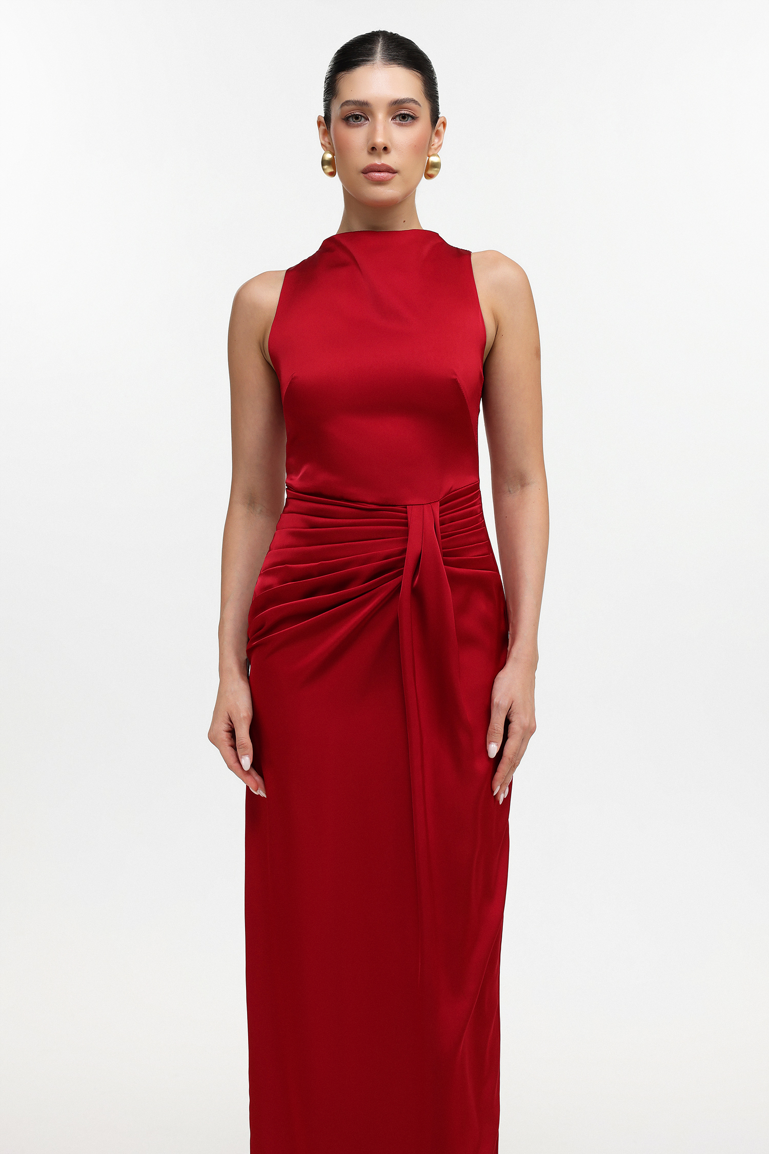 Tyler Elegant Tailored Sleeveless Pleated Satin Maxi Dress