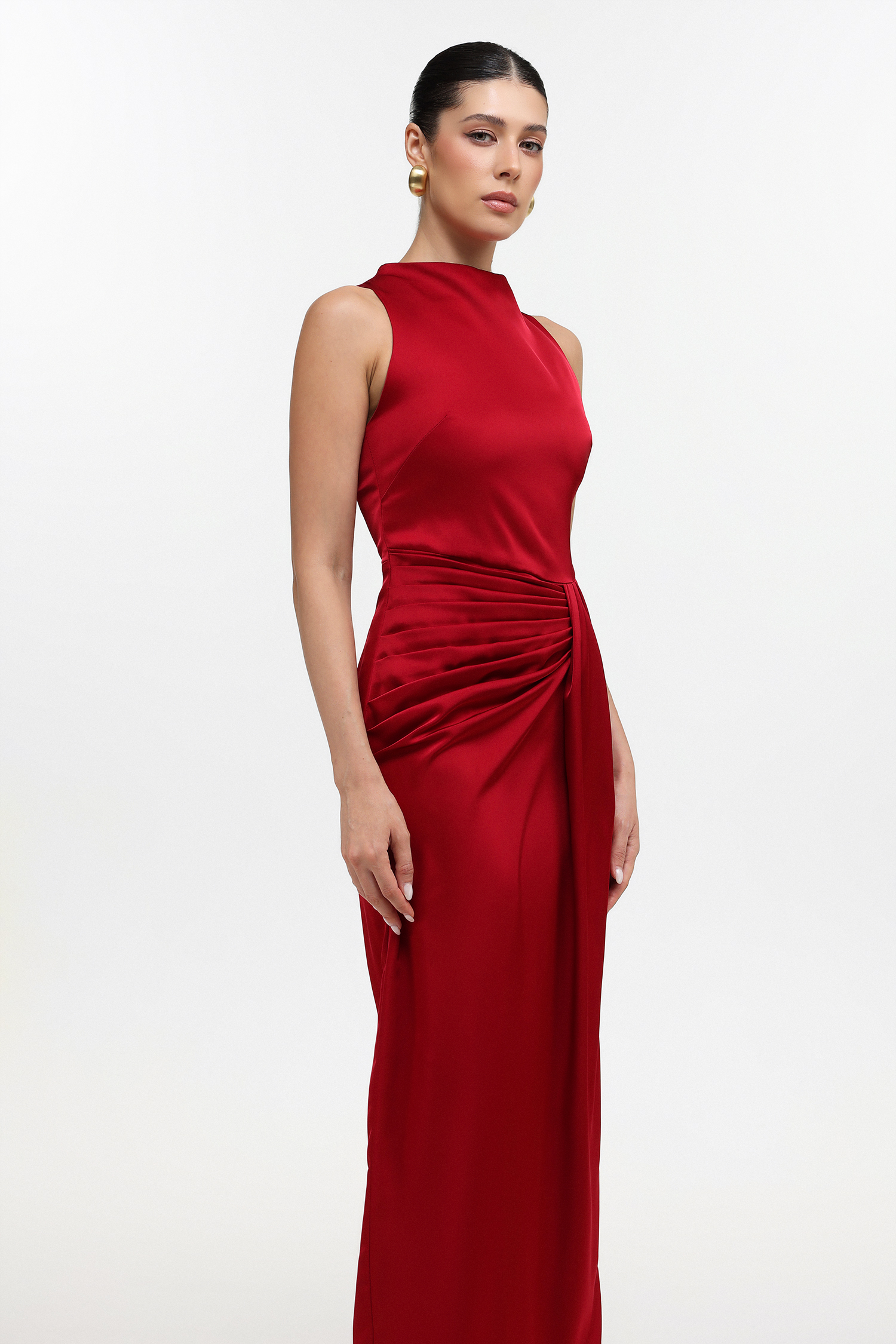 Tyler Elegant Tailored Sleeveless Pleated Satin Maxi Dress
